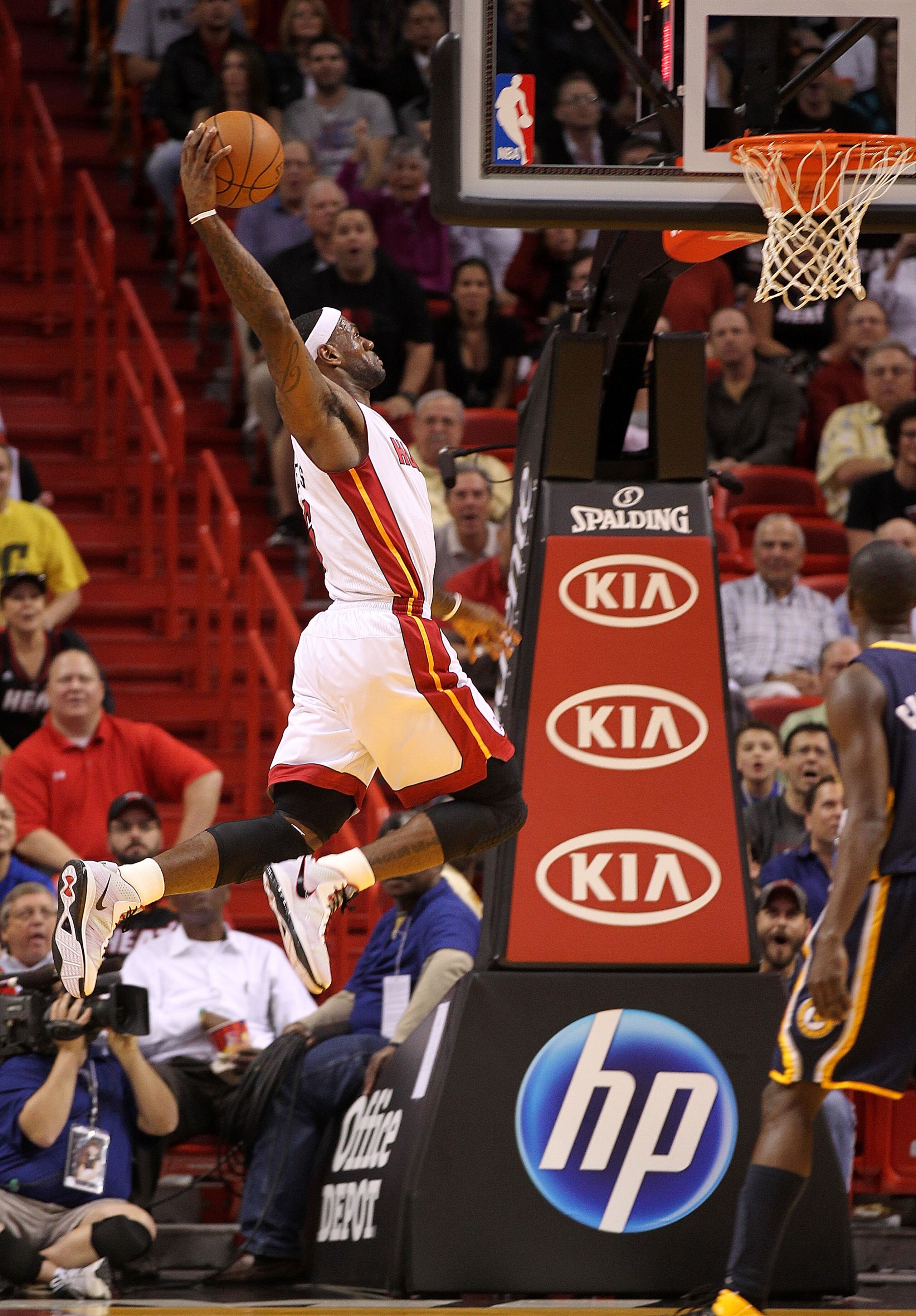 MIAMI, FL - FEBRUARY 08: LeBron James #6 of the Miami Heat dunks during a game against the Indiana Pacers at American Airlines Arena on February 8, 2011 in Miami, Florida. NOTE TO USER: User expressly acknowledges and agrees that, by downloading and/or us