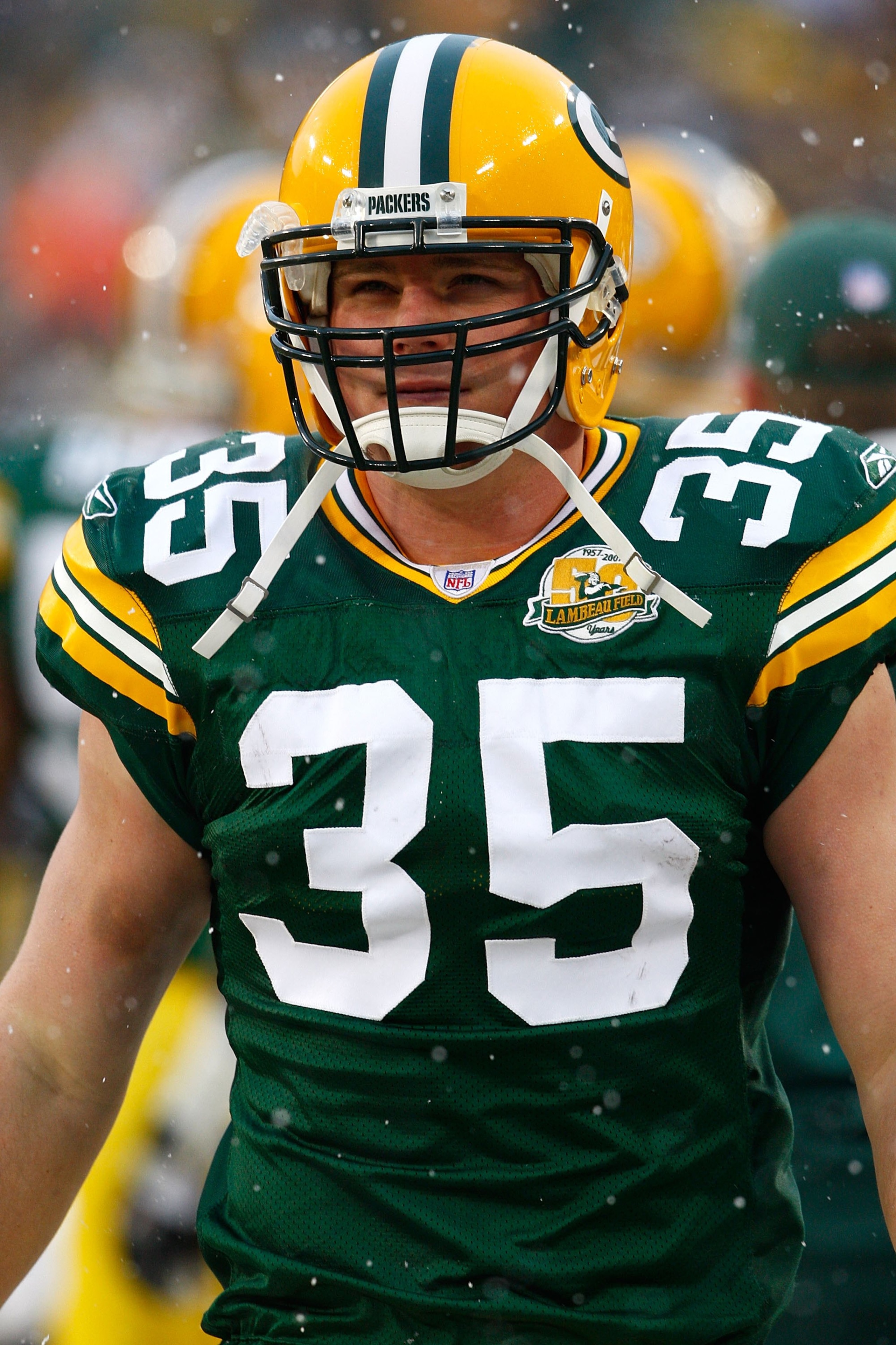 GREEN BAY, WI - JANUARY 12:  Fullback Korey Hall #35 of the Green Bay Packers smiles from the sideline before the game against the Seattle Seahawks before the NFC divisional playoff game on January 12, 2008 at Lambeau Field in Green Bay, Wisconsin. The Pa