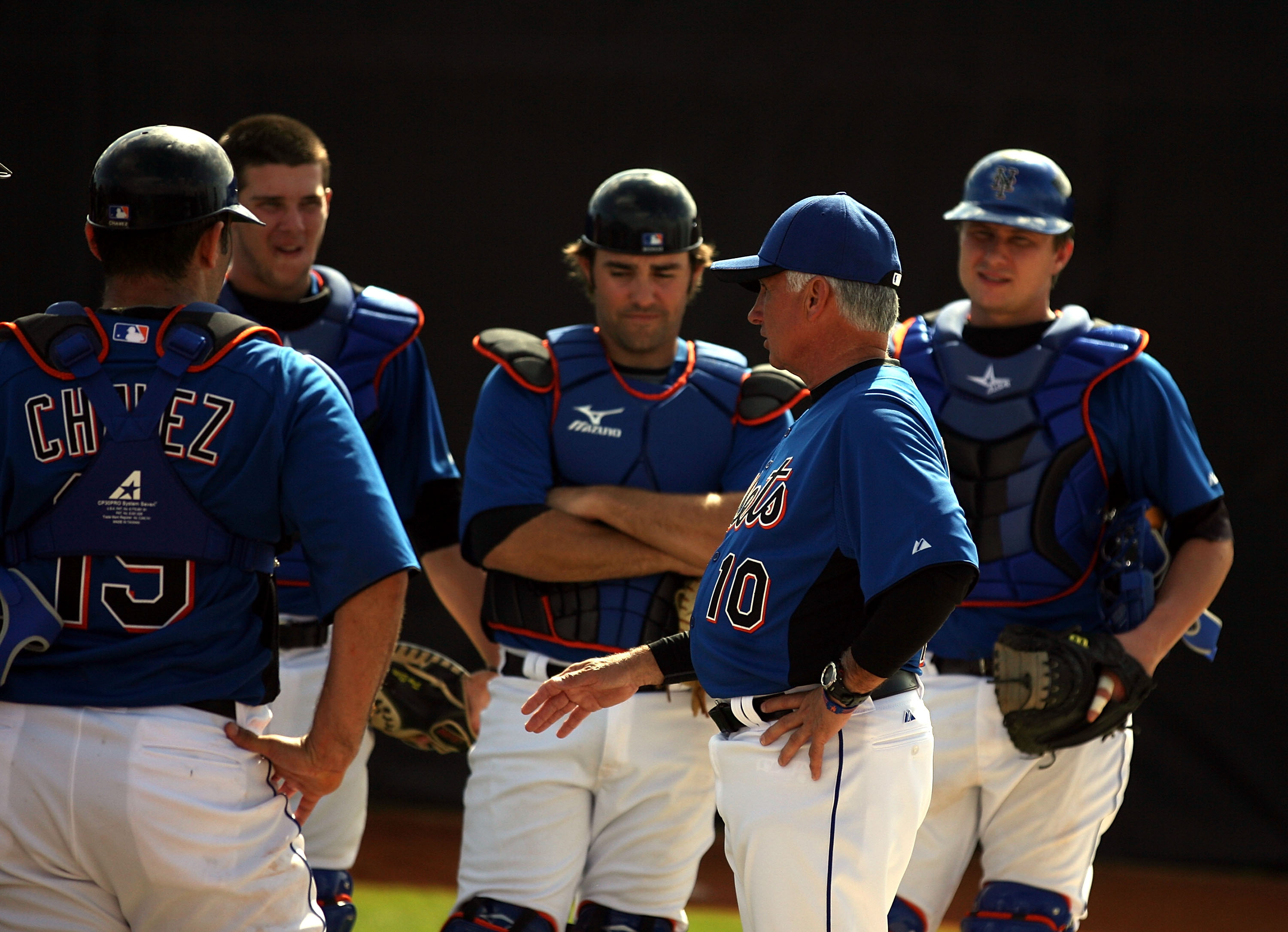 PORT ST. LUCIE, FL - FEBRUARY 17:  Manager terry Collins #10 of the New York Mets addresses his team during spring training at Tradition Field on February 17, 2011 in Port St. Lucie, Florida.  (Photo by Marc Serota/Getty Images)