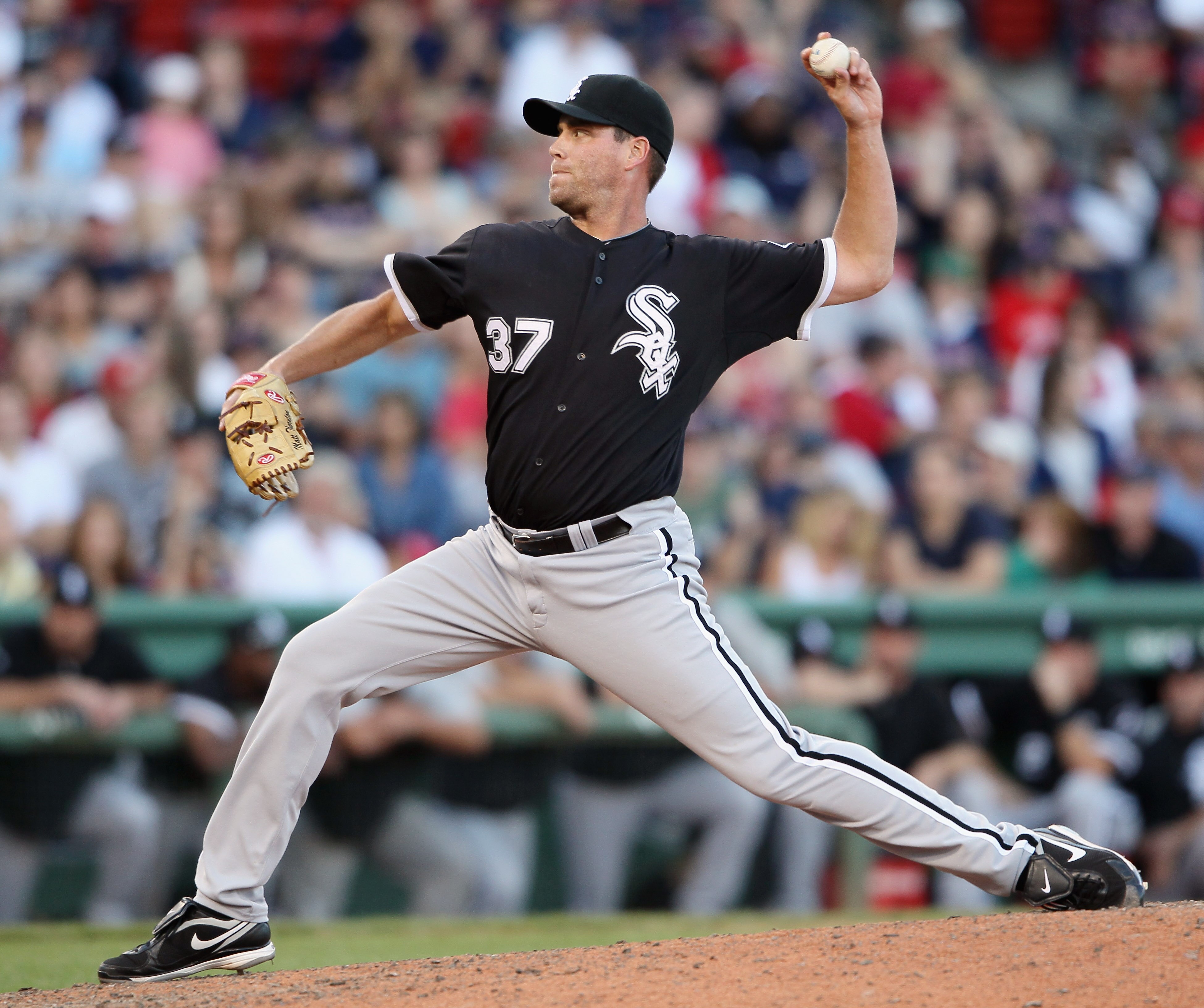 BOSTON - SEPTEMBER 05:  Matt Thornton #37 of the Chicago White Sox delivers a pitch in the ninth inning against the Boston Red Sox on September 5, 2010 at Fenway Park in Boston, Massachusetts.The White Sox defeated the Red Sox 7-5.  (Photo by Elsa/Getty I