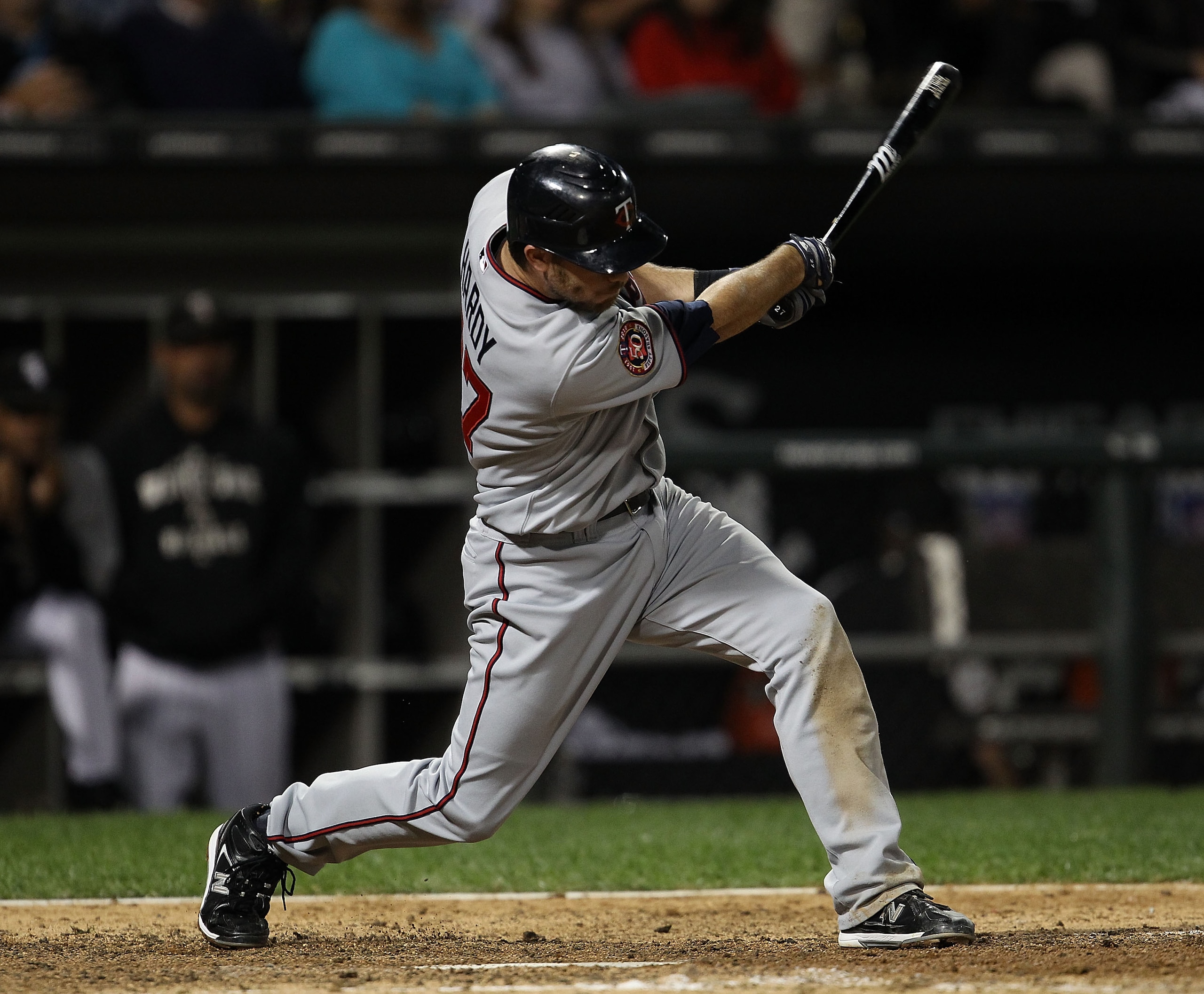 CHICAGO - SEPTEMBER 14: J.J. Hardy #27 of the Minnesota Twins hits a double in the 5th inning against the Chicago White Sox at U.S. Cellular Field on September 14, 2010 in Chicago, Illinois. (Photo by Jonathan Daniel/Getty Images) CHICAGO - SEPTEMBER 14: J.J. Hardy #27 of the Minnesota Twins hits a double in the 5th inning against the Chicago White Sox at U.S. Cellular Field on September 14, 2010 in Chicago, Illinois. (Photo by Jonathan Daniel/Getty Images)