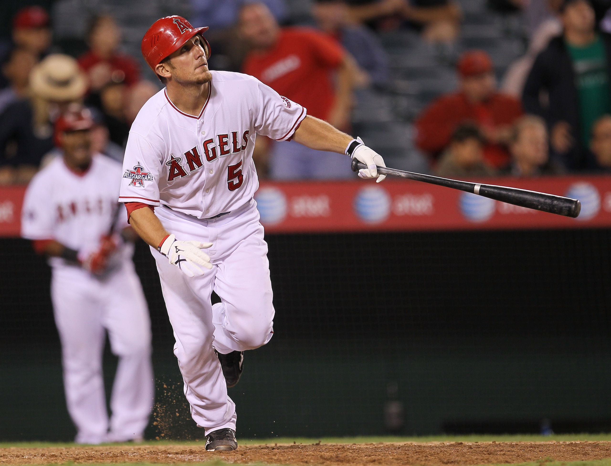 ANAHEIM, CA - SEPTEMBER 08: Jeff Mathis #5 of the Los Angeles Angels of Anaheim hits a walk off sacrifice fly to score Torii Hunter from third base against the Cleveland Indians in the 16th inning on September 8, 2010 at Angel Stadium in Anaheim, Califor ANAHEIM, CA - SEPTEMBER 08: Jeff Mathis #5 of the Los Angeles Angels of Anaheim hits a walk off sacrifice fly to score Torii Hunter from third base against the Cleveland Indians in the 16th inning on September 8, 2010 at Angel Stadium in Anaheim, Califor
