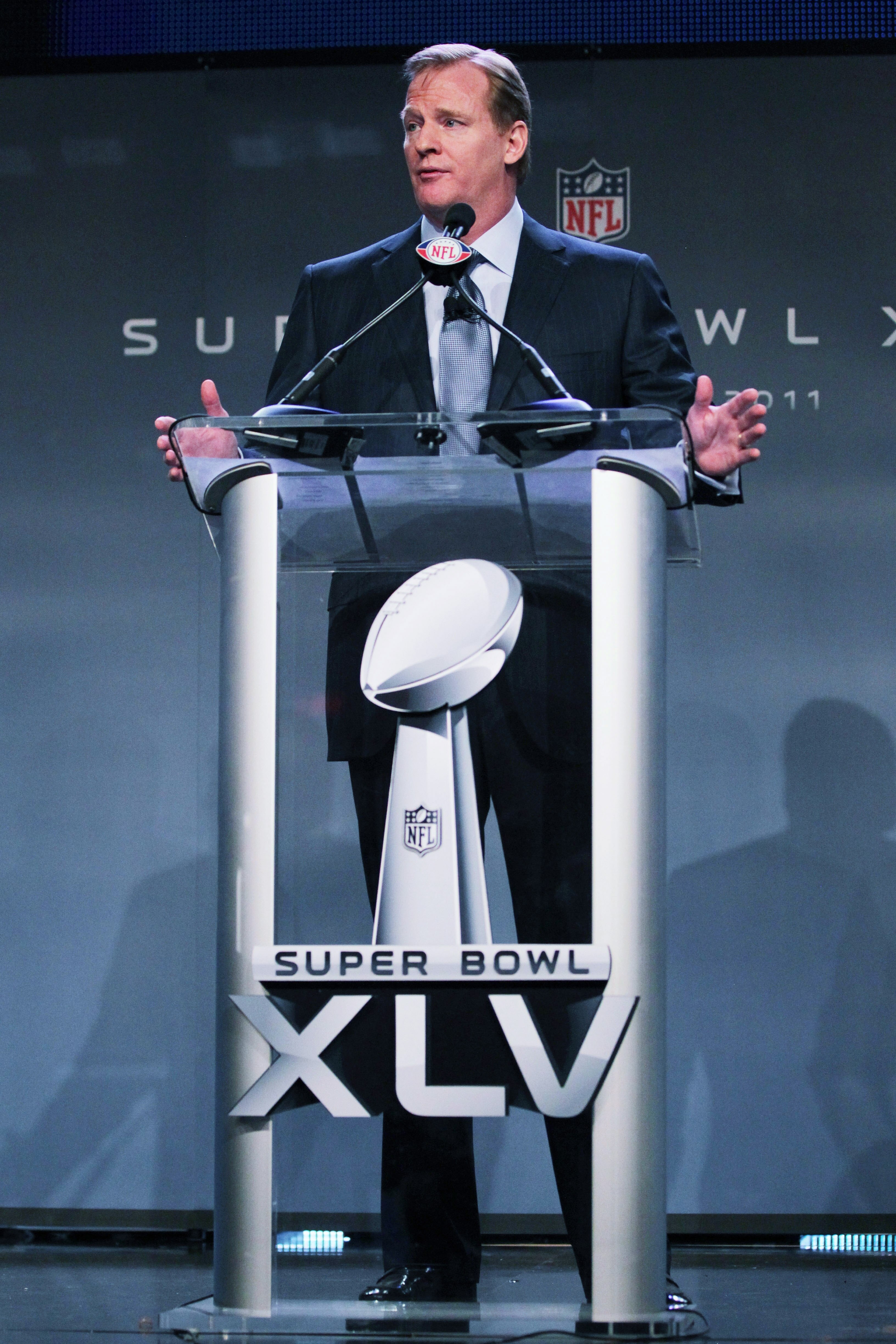 DALLAS, TX - FEBRUARY 04:  NFL commissioner Roger Goodell speaks during a press conference at the Super Bowl XLV media center on February 4, 2011 in Dallas, Texas. The Green Bay Packers will play the Pittsburgh Steelers in Super Bowl XLV on February 6, 20