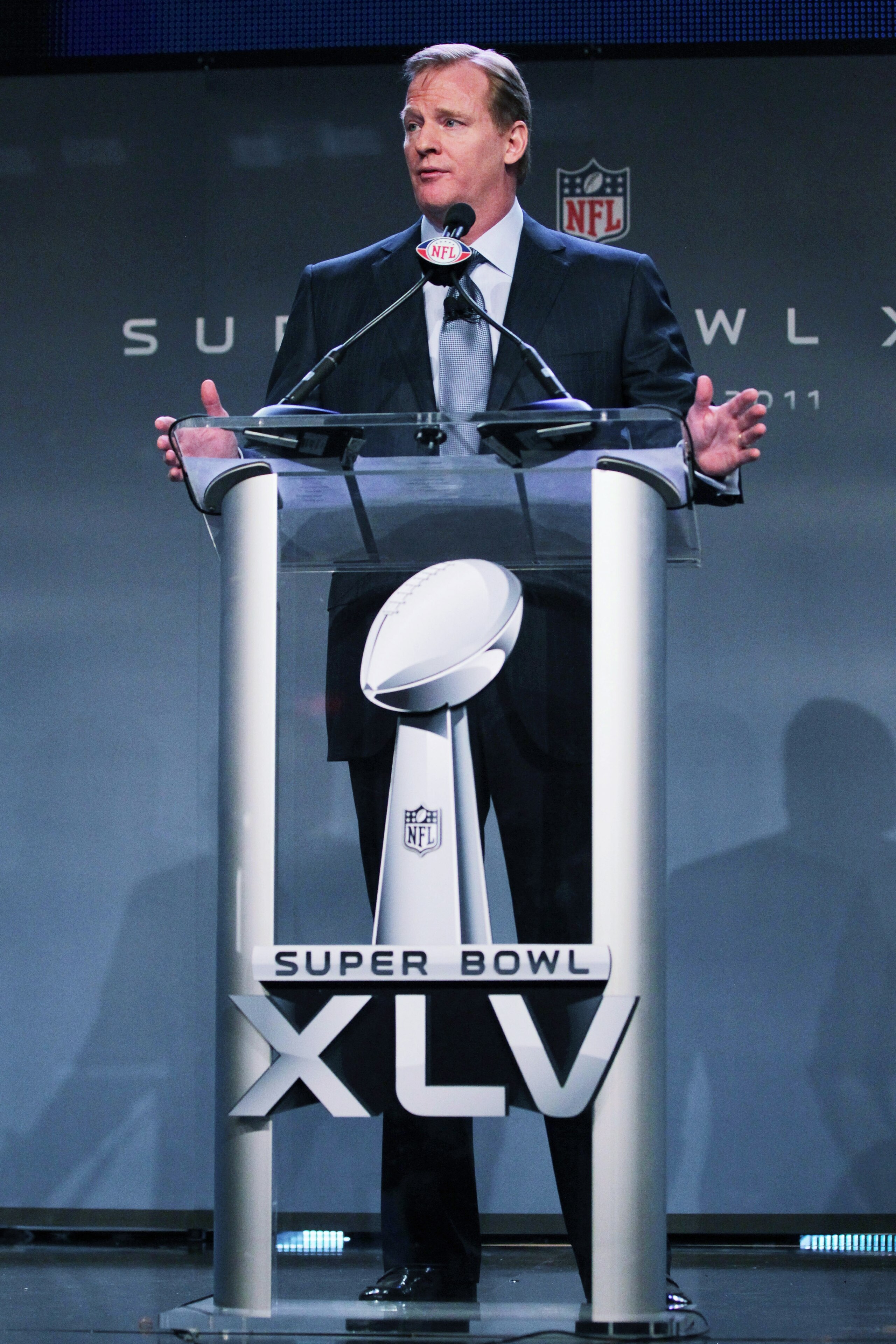 DALLAS, TX - FEBRUARY 04:  NFL commissioner Roger Goodell speaks during a press conference at the Super Bowl XLV media center on February 4, 2011 in Dallas, Texas. The Green Bay Packers will play the Pittsburgh Steelers in Super Bowl XLV on February 6, 20