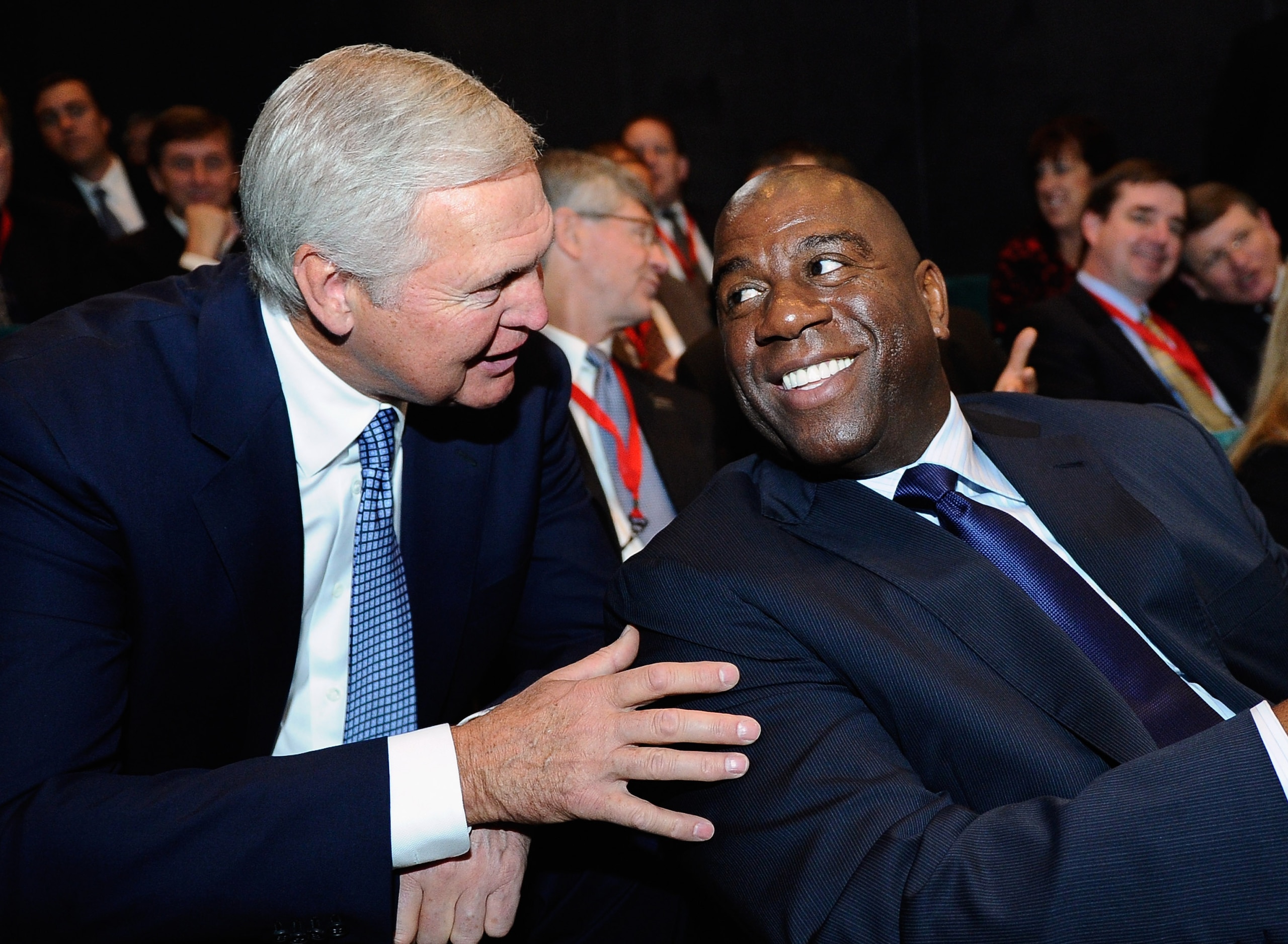 LOS ANGELES, CA - FEBRUARY 01: Los Angeles Lakers basketball greats Jerry West (L) and Magic Johnson during an event announcing naming rights for the new football stadium Farmers Field at Los Angeles Convention Center on February 1, 2011 in Los Angeles, C LOS ANGELES, CA - FEBRUARY 01: Los Angeles Lakers basketball greats Jerry West (L) and Magic Johnson during an event announcing naming rights for the new football stadium Farmers Field at Los Angeles Convention Center on February 1, 2011 in Los Angeles, C