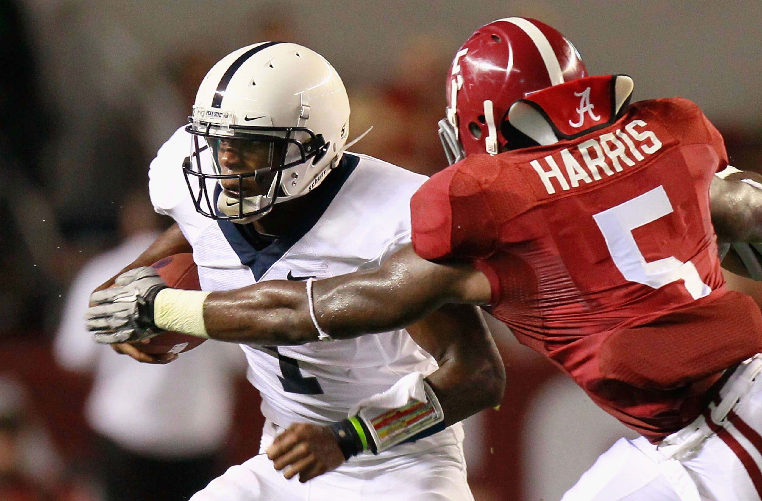 TUSCALOOSA, AL - SEPTEMBER 11: Quarterback Robert Bolden #1 of the Penn State Nittany Lions against Jerrell Harris #5 of the Alabama Crimson Tide at Bryant-Denny Stadium on September 11, 2010 in Tuscaloosa, Alabama. (Photo by Kevin C. Cox/Getty Images) TUSCALOOSA, AL - SEPTEMBER 11: Quarterback Robert Bolden #1 of the Penn State Nittany Lions against Jerrell Harris #5 of the Alabama Crimson Tide at Bryant-Denny Stadium on September 11, 2010 in Tuscaloosa, Alabama. (Photo by Kevin C. Cox/Getty Images)