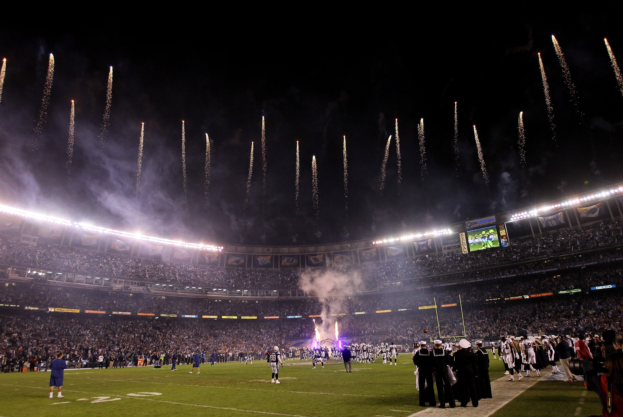 SAN DIEGO - NOVEMBER 22: Fireworks shoot over the stadium during pregame ceremonies before the game between the Denver Broncos and the San Diego Chargers at Qualcomm Stadium on November 22, 2010 in San Diego, California. (Photo by Stephen Dunn/Getty Imag SAN DIEGO - NOVEMBER 22: Fireworks shoot over the stadium during pregame ceremonies before the game between the Denver Broncos and the San Diego Chargers at Qualcomm Stadium on November 22, 2010 in San Diego, California. (Photo by Stephen Dunn/Getty Imag