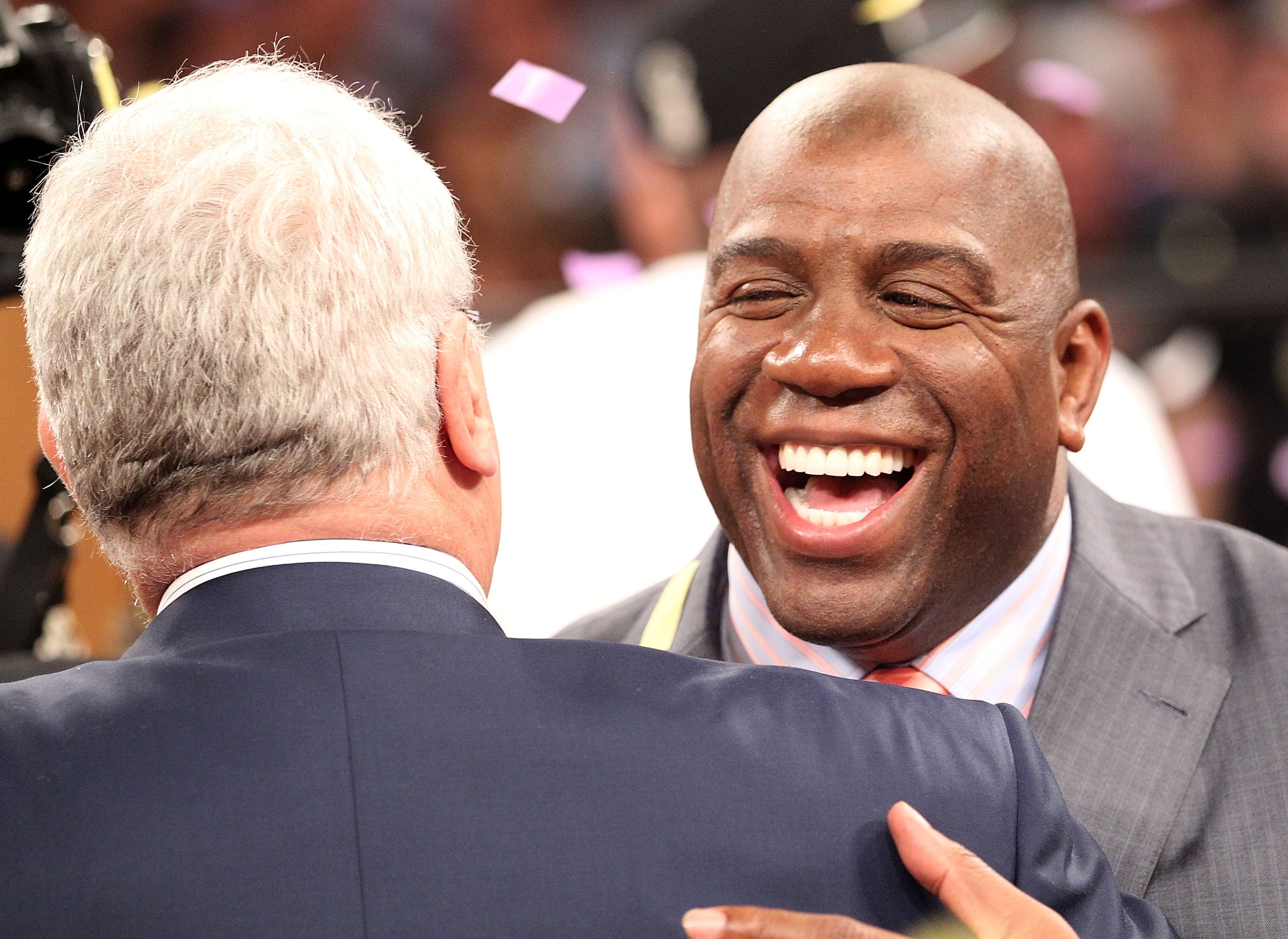 LOS ANGELES, CA - JUNE 17: Earvin 'Magic' Johnson hugs general manager Mitch Kupchak after the Los Angeles Lakers defeated the Boston Celtics in Game Seven of the 2010 NBA Finals at Staples Center on June 17, 2010 in Los Angeles, California. NOTE TO USE LOS ANGELES, CA - JUNE 17: Earvin 'Magic' Johnson hugs general manager Mitch Kupchak after the Los Angeles Lakers defeated the Boston Celtics in Game Seven of the 2010 NBA Finals at Staples Center on June 17, 2010 in Los Angeles, California. NOTE TO USE