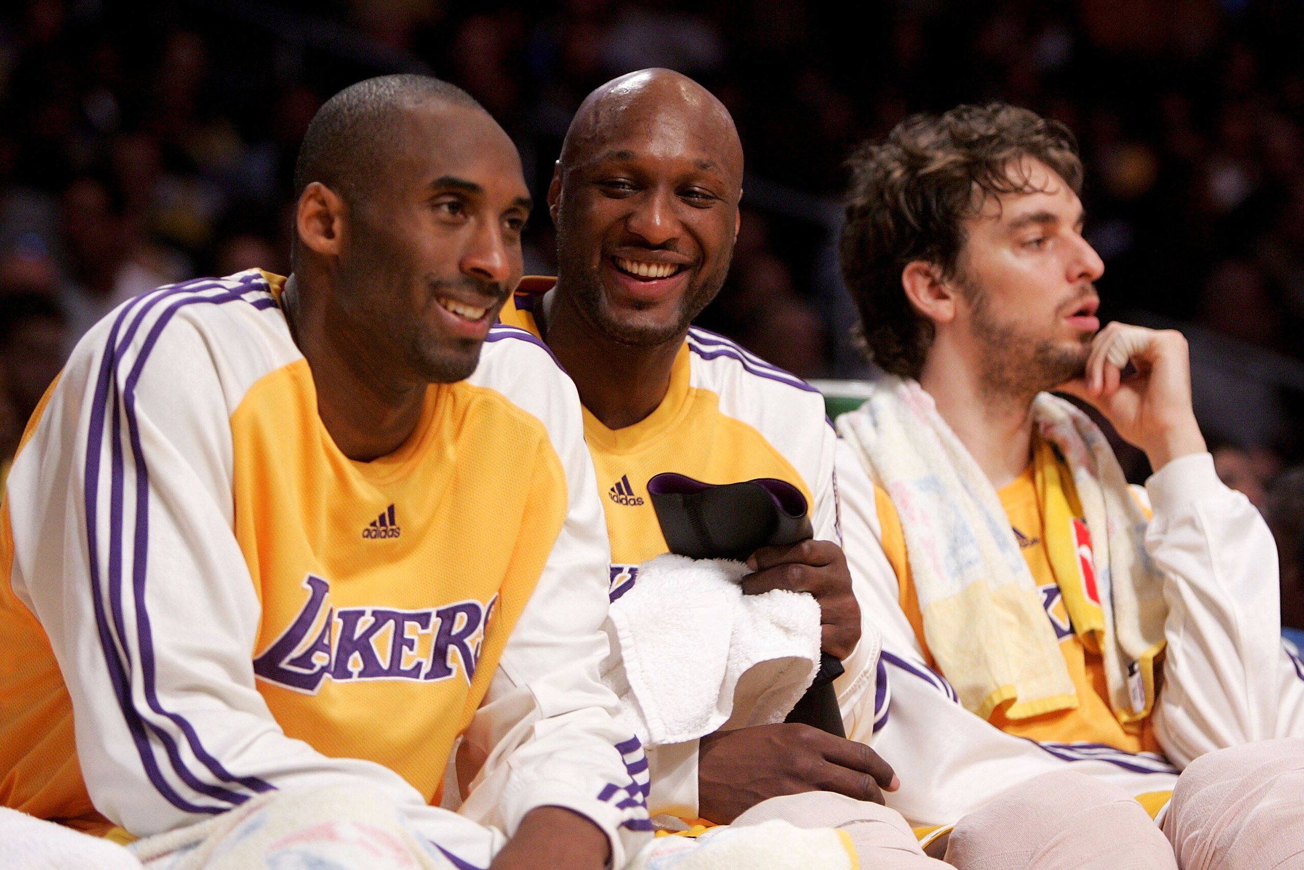 LOS ANGELES, CA - MAY 23: (L-R) Kobe Bryant #24, Lamar Odom #7 and Pau Gasol #16 of the Los Angeles Lakers share a laugh on the bench in the final moments of the Lakers' win over the San Antonio Spurs in Game Two of the Western Conference Finals during t LOS ANGELES, CA - MAY 23: (L-R) Kobe Bryant #24, Lamar Odom #7 and Pau Gasol #16 of the Los Angeles Lakers share a laugh on the bench in the final moments of the Lakers' win over the San Antonio Spurs in Game Two of the Western Conference Finals during t