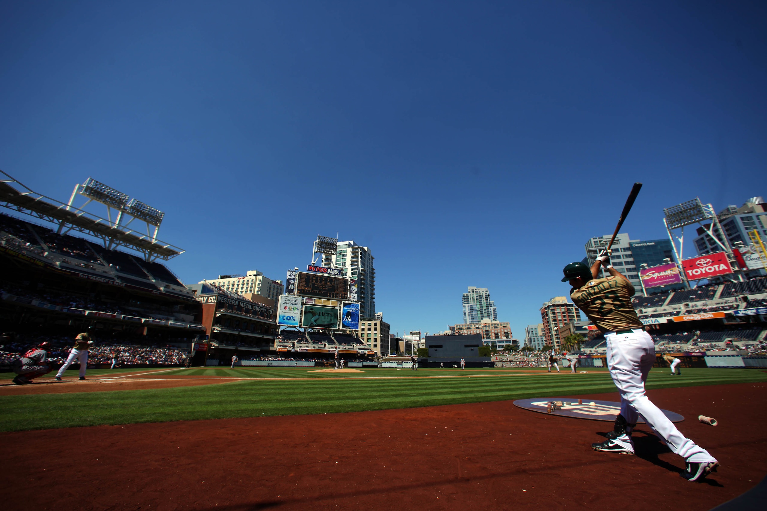 SAN DIEGO, CA - SEPTEMBER 26: Adrian Gonzalez #23 of the San Diego Padres prepares himself in the on deck circle against the Cincinnati Reds during their MLB game on September 26, 2010 at PETCO Park in San Diego, California. (Photo by Donald Miralle/Get SAN DIEGO, CA - SEPTEMBER 26: Adrian Gonzalez #23 of the San Diego Padres prepares himself in the on deck circle against the Cincinnati Reds during their MLB game on September 26, 2010 at PETCO Park in San Diego, California. (Photo by Donald Miralle/Get