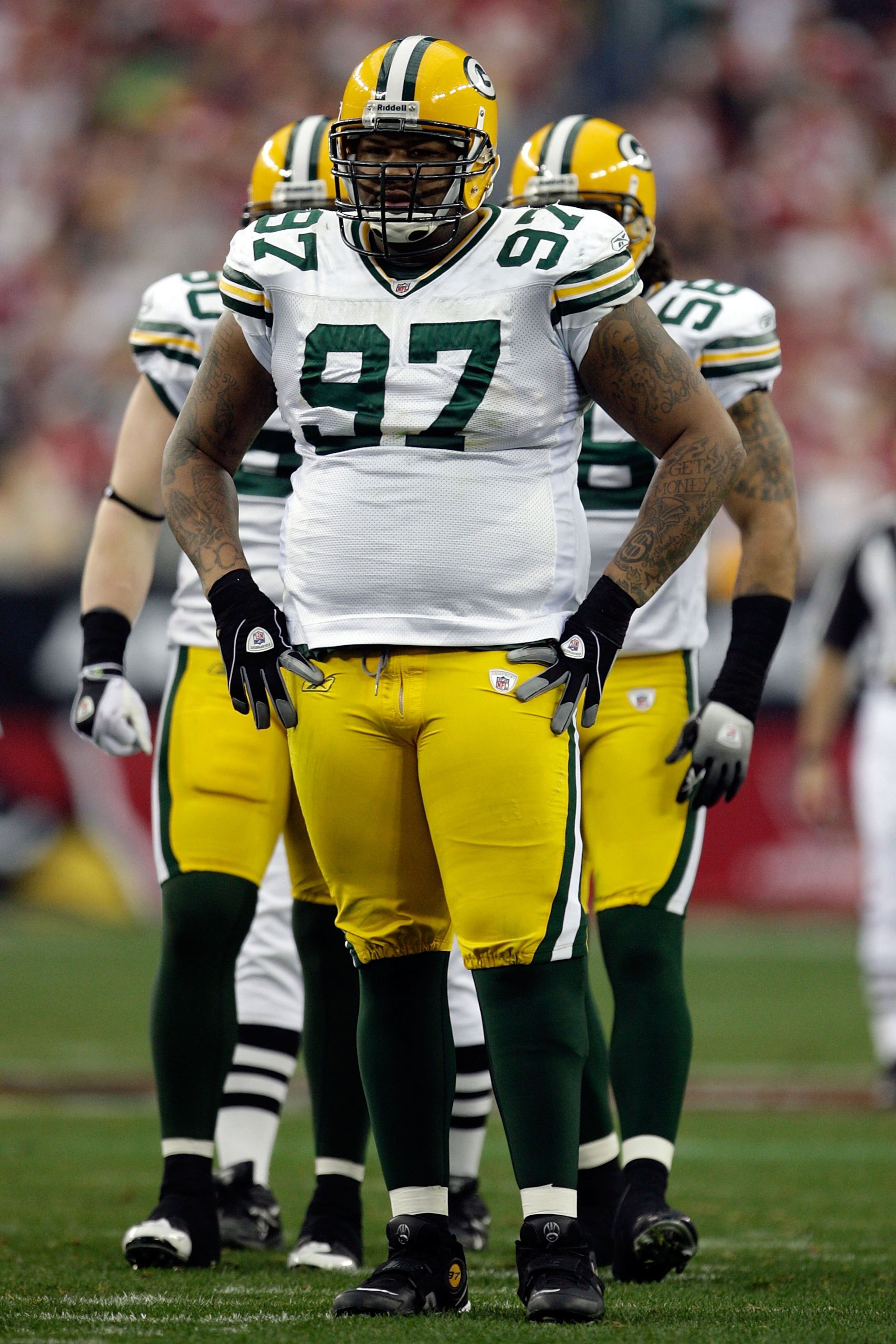 GLENDALE, AZ - JANUARY 03: Johnny Jolly #97 of the Green Bay Packers looks on from the field against the Arizona Cardinals at University of Phoenix Stadium on January 3, 2010 in Glendale, Arizona. (Photo by Jamie Squire/Getty Images) GLENDALE, AZ - JANUARY 03: Johnny Jolly #97 of the Green Bay Packers looks on from the field against the Arizona Cardinals at University of Phoenix Stadium on January 3, 2010 in Glendale, Arizona. (Photo by Jamie Squire/Getty Images)