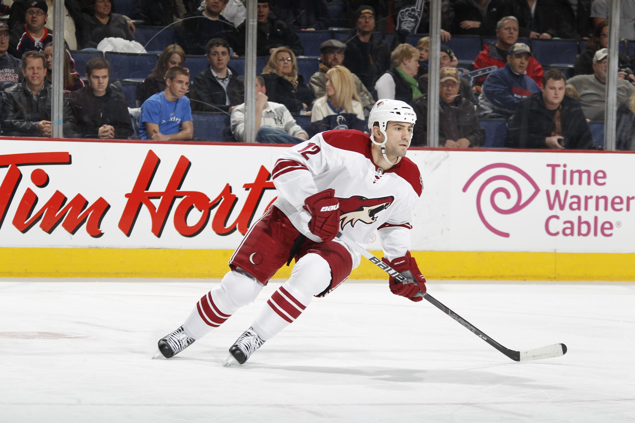 COLUMBUS, OH - JANUARY 11: Paul Bissonnette #12 of the Phoenix Coyotes skates against the Columbus Blue Jackets during a game on January 11, 2011 at the Nationwide Arena in Columbus, Ohio. (Photo by Gregory Shamus/Getty Images)