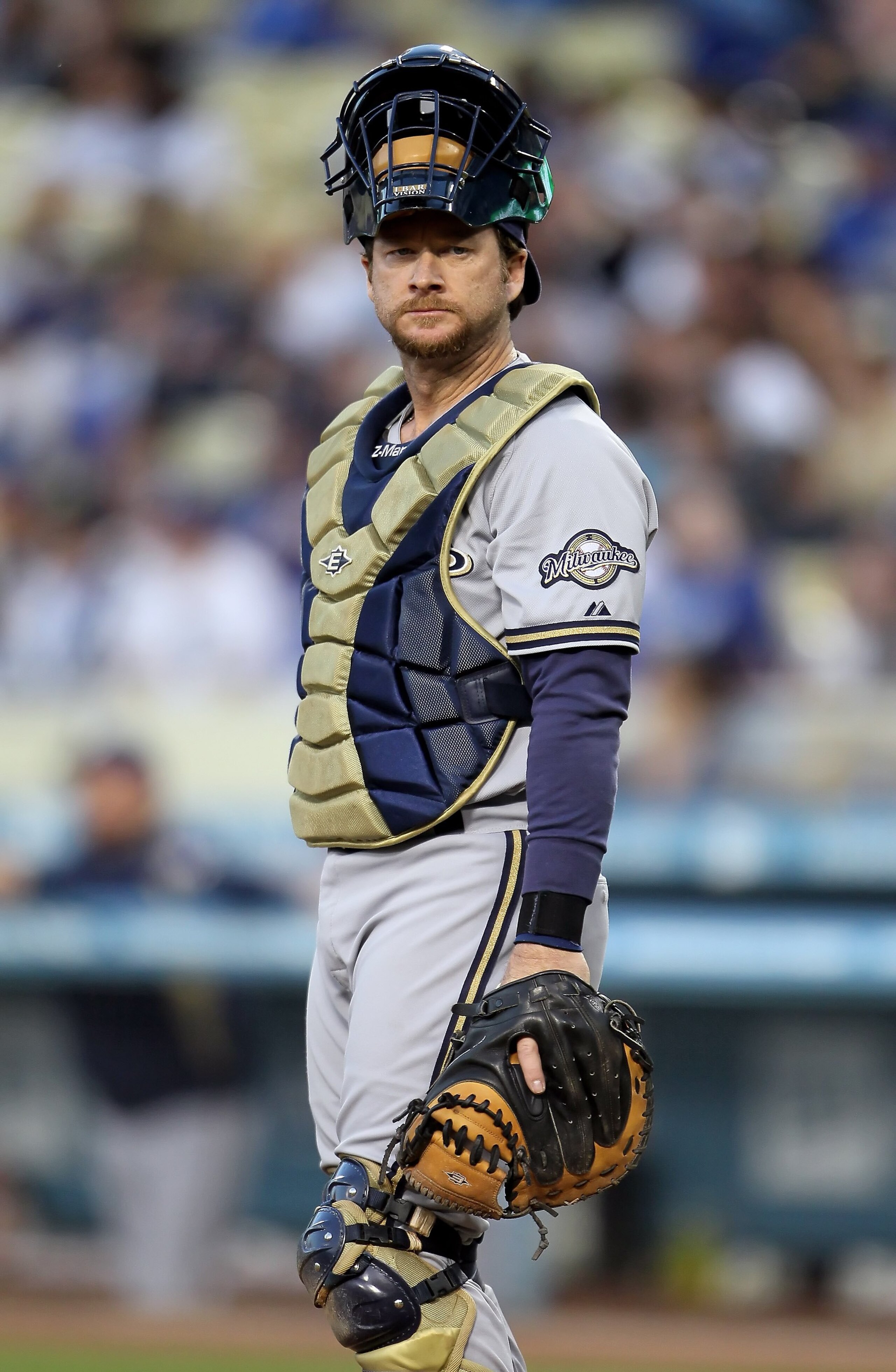 LOS ANGELES, CA - MAY 04: Gregg Zaun #9 of the Milwaukee Brewers looks on against the Los Angeles Dodgers at Dodger Stadium on May 4, 2010 in Los Angeles, California. The Brewers defeated the Dodgers 11-6. (Photo by Jeff Gross/Getty Images) LOS ANGELES, CA - MAY 04: Gregg Zaun #9 of the Milwaukee Brewers looks on against the Los Angeles Dodgers at Dodger Stadium on May 4, 2010 in Los Angeles, California. The Brewers defeated the Dodgers 11-6. (Photo by Jeff Gross/Getty Images)