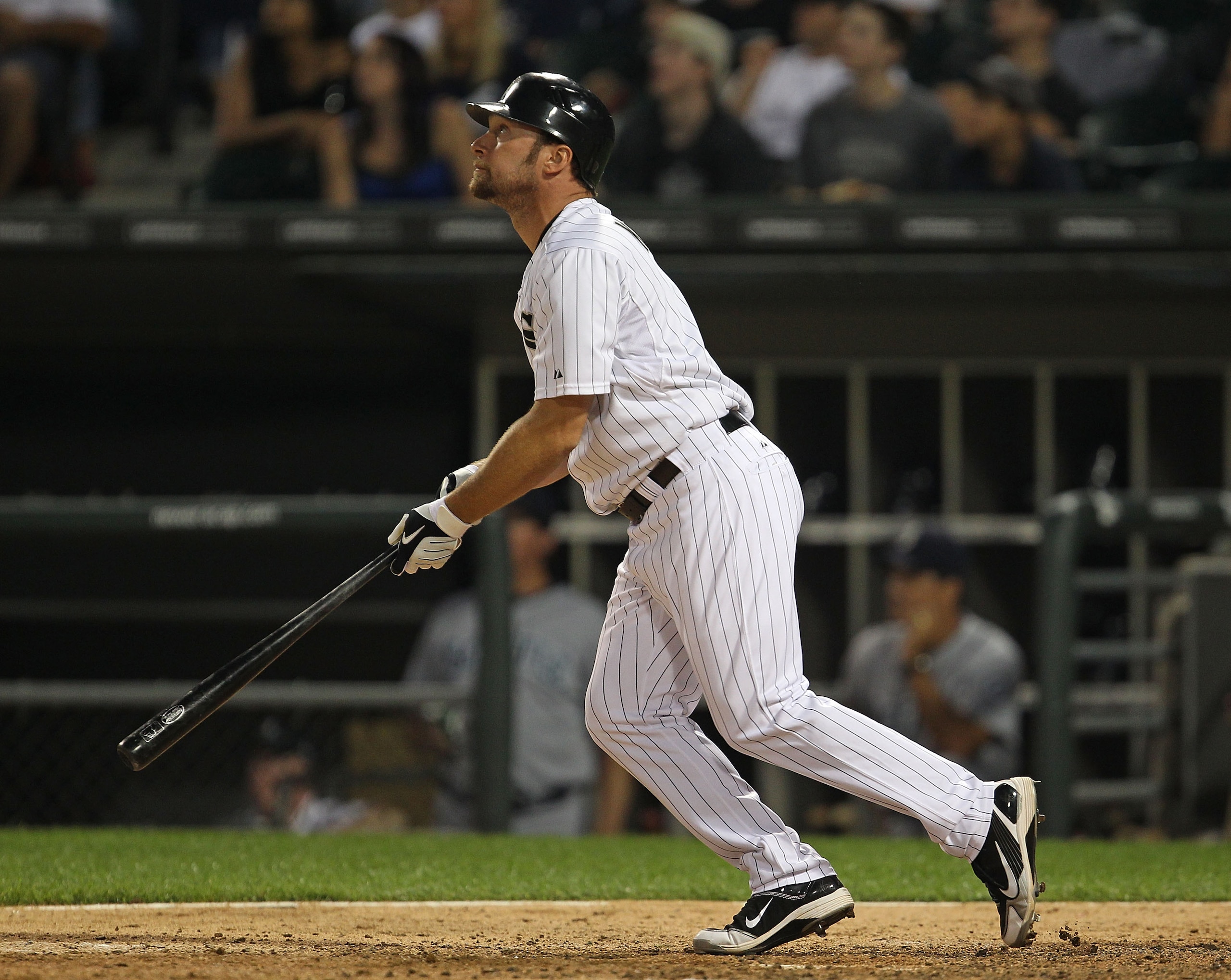 CHICAGO - JULY 26: Mark Kotsay of the Chicago White Sox follows the flight of the ball against the Seattle Mariners at U.S. Cellular Field on July 26, 2010 in Chicago, Illinois. The White Sox defeated the Mariners 6-1. (Photo by Jonathan Daniel/Getty Imag CHICAGO - JULY 26: Mark Kotsay of the Chicago White Sox follows the flight of the ball against the Seattle Mariners at U.S. Cellular Field on July 26, 2010 in Chicago, Illinois. The White Sox defeated the Mariners 6-1. (Photo by Jonathan Daniel/Getty Imag