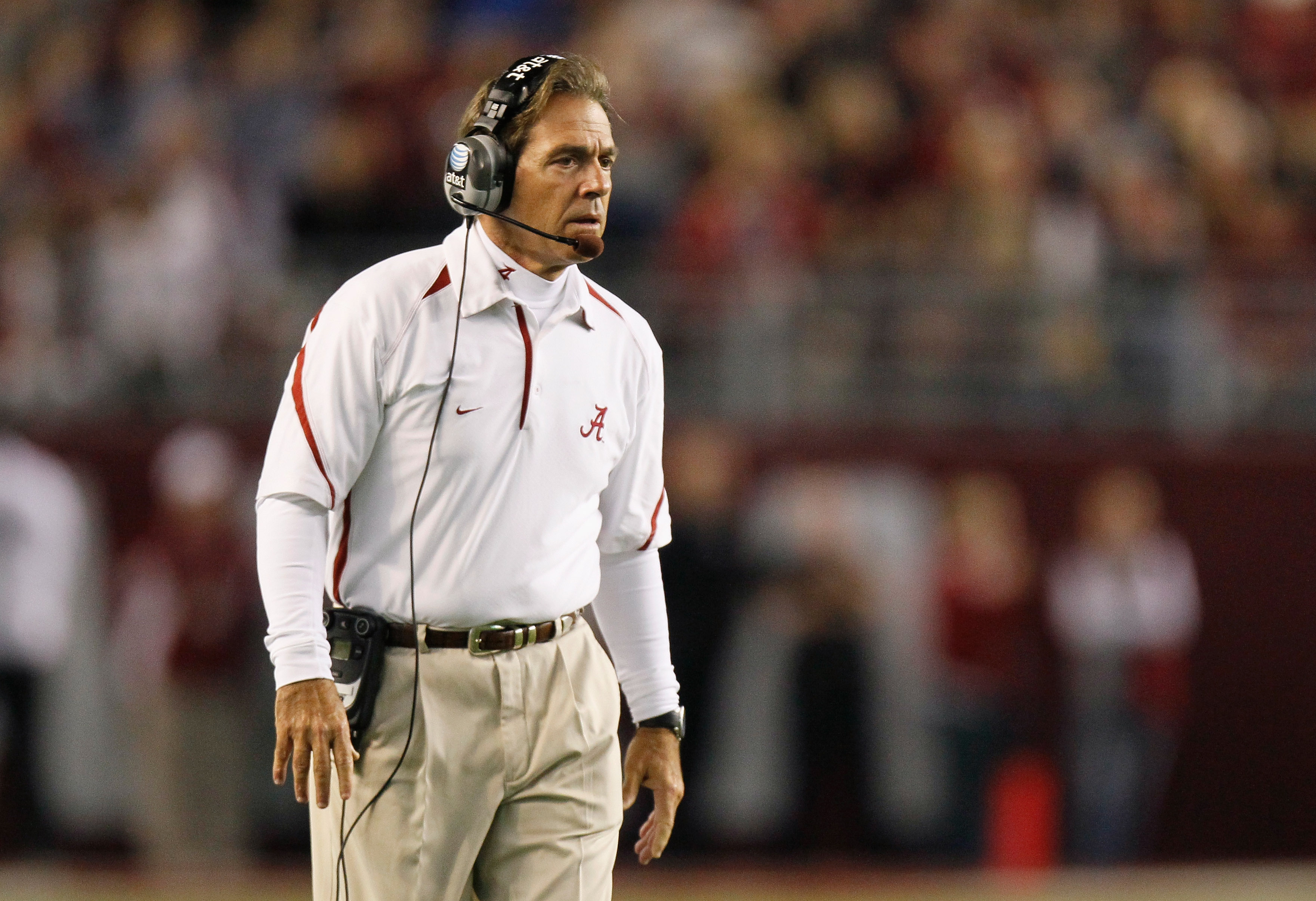 TUSCALOOSA, AL - OCTOBER 16:  Head coach Nick Saban of the Alabama Crimson Tide against the Ole Miss Rebels at Bryant-Denny Stadium on October 16, 2010 in Tuscaloosa, Alabama.  (Photo by Kevin C. Cox/Getty Images)