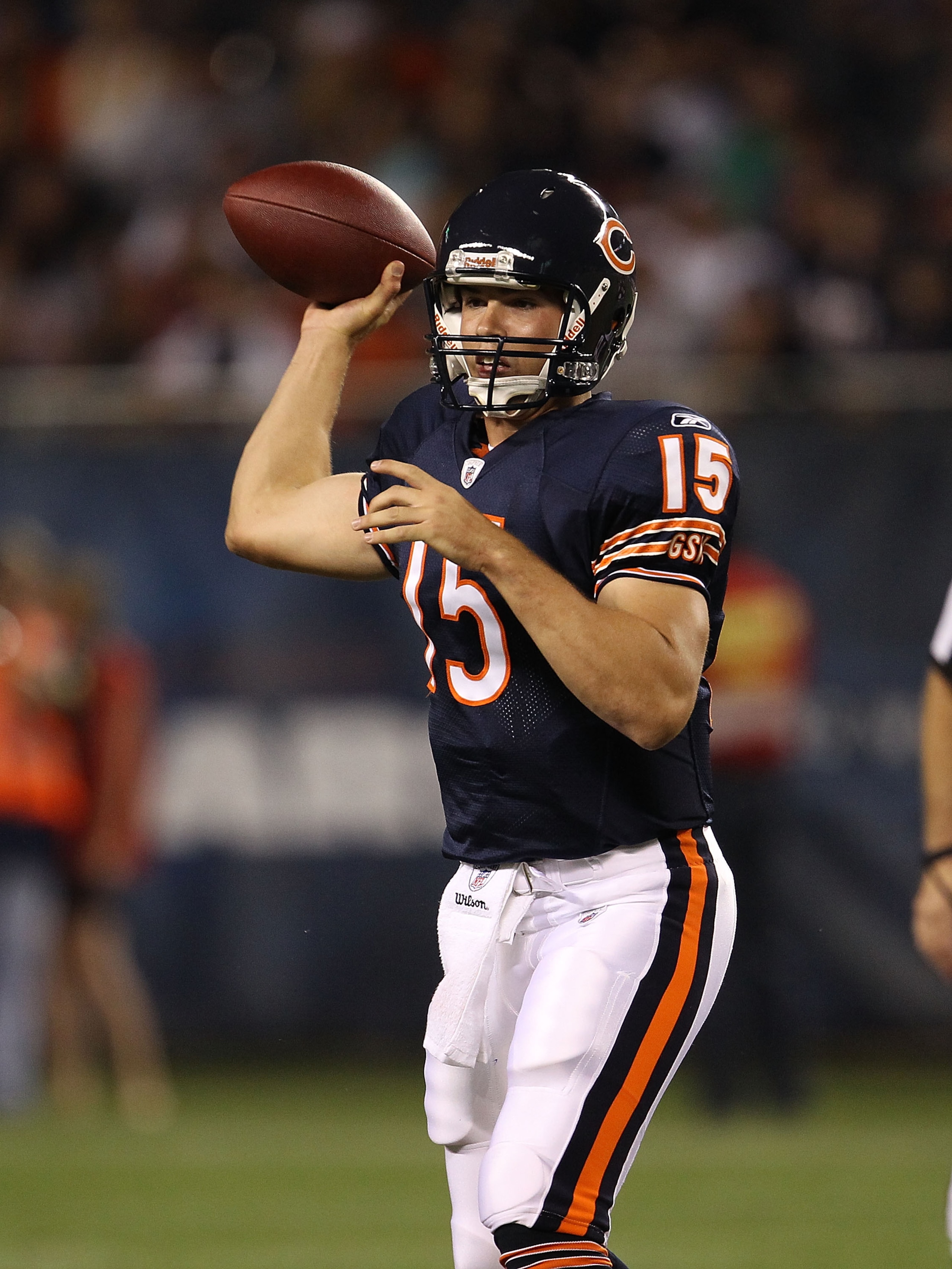 CHICAGO - AUGUST 28: Dan LeFevour #15 of the Chicago Bears throws a pass against the Arizona Cardinals during a preseason game at Soldier Field on August 28, 2010 in Chicago, Illinois. The Cardinals defeated the Bears 14-9. (Photo by Jonathan Daniel/Getty
