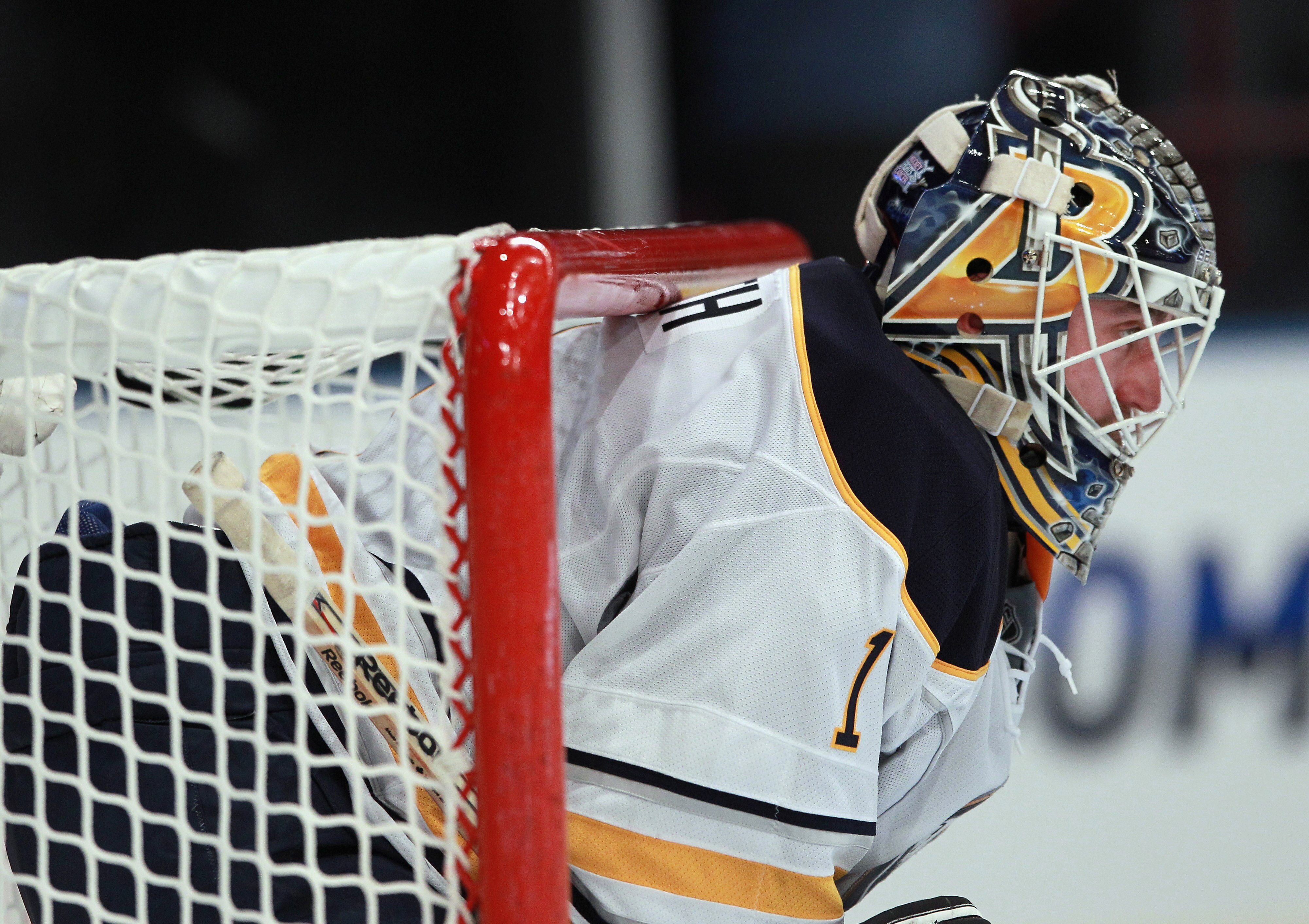 NEW YORK - NOVEMBER 11: Jhonas Enroth #1 of the Buffalo Sabres tends net against the New York Rangers at Madison Square Garden on November 11, 2010 in New York City. The Rangers defeated the Sabres 3-2 in overtime.  (Photo by Bruce Bennett/Getty Images)
