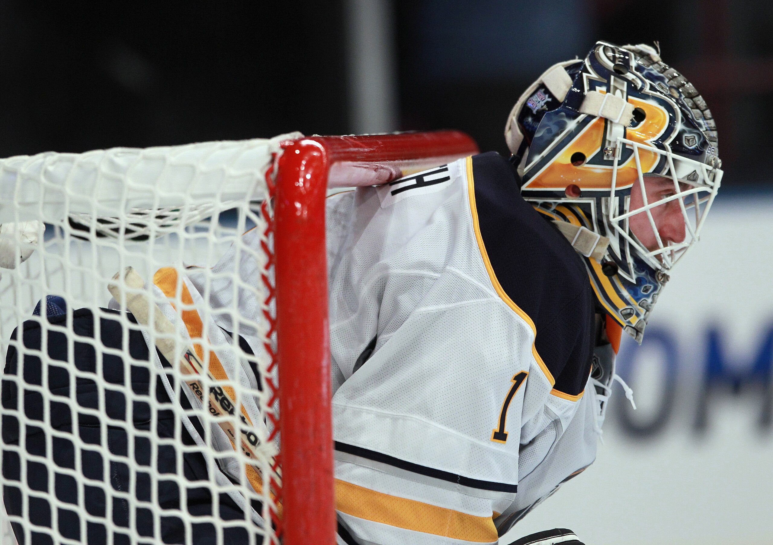 NEW YORK - NOVEMBER 11: Jhonas Enroth #1 of the Buffalo Sabres tends net against the New York Rangers at Madison Square Garden on November 11, 2010 in New York City. The Rangers defeated the Sabres 3-2 in overtime.  (Photo by Bruce Bennett/Getty Images)