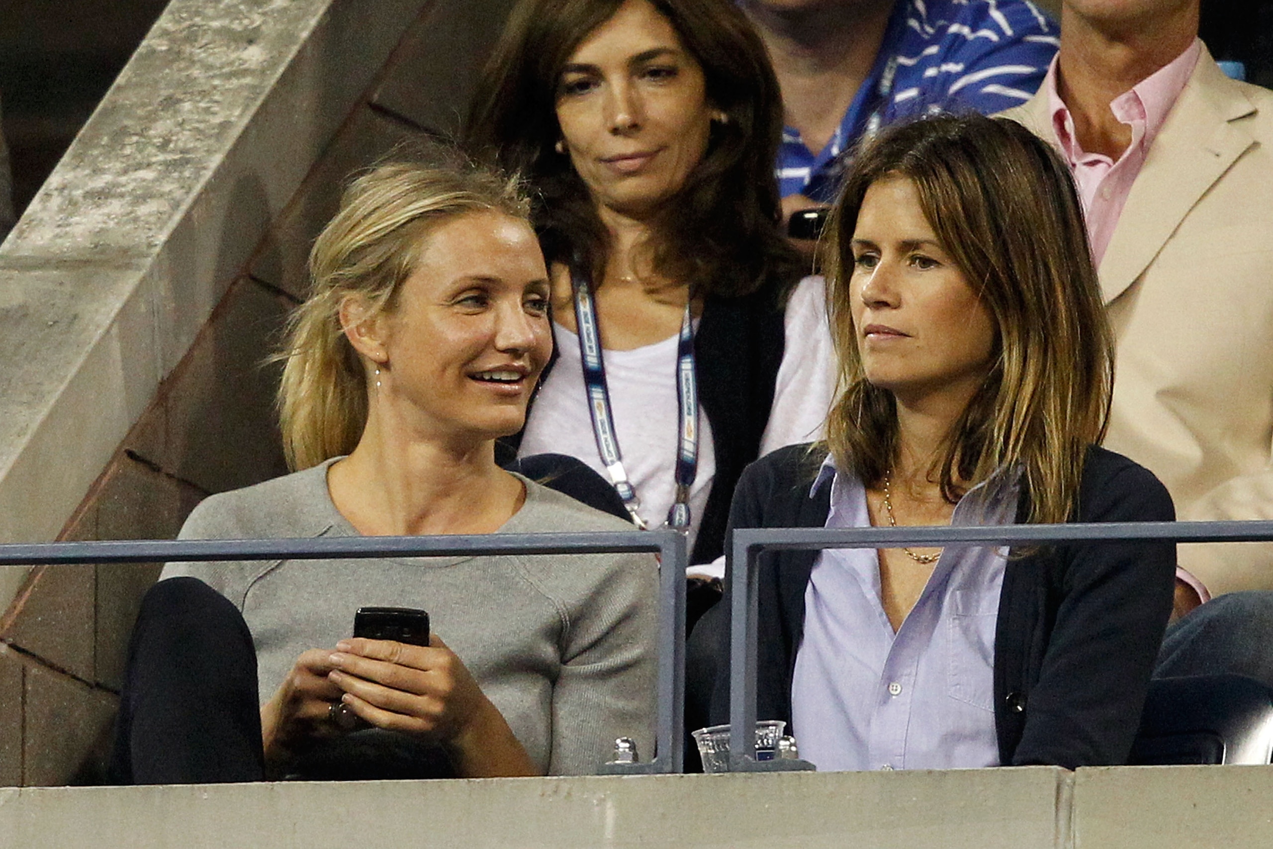 NEW YORK - SEPTEMBER 06:  Actor Cameron Diaz watches Roger Federer of Switzerland play against Jurgen Melzer of Austria during day eight of the 2010 U.S. Open at the USTA Billie Jean King National Tennis Center on September 6, 2010 in the Flushing neighbo