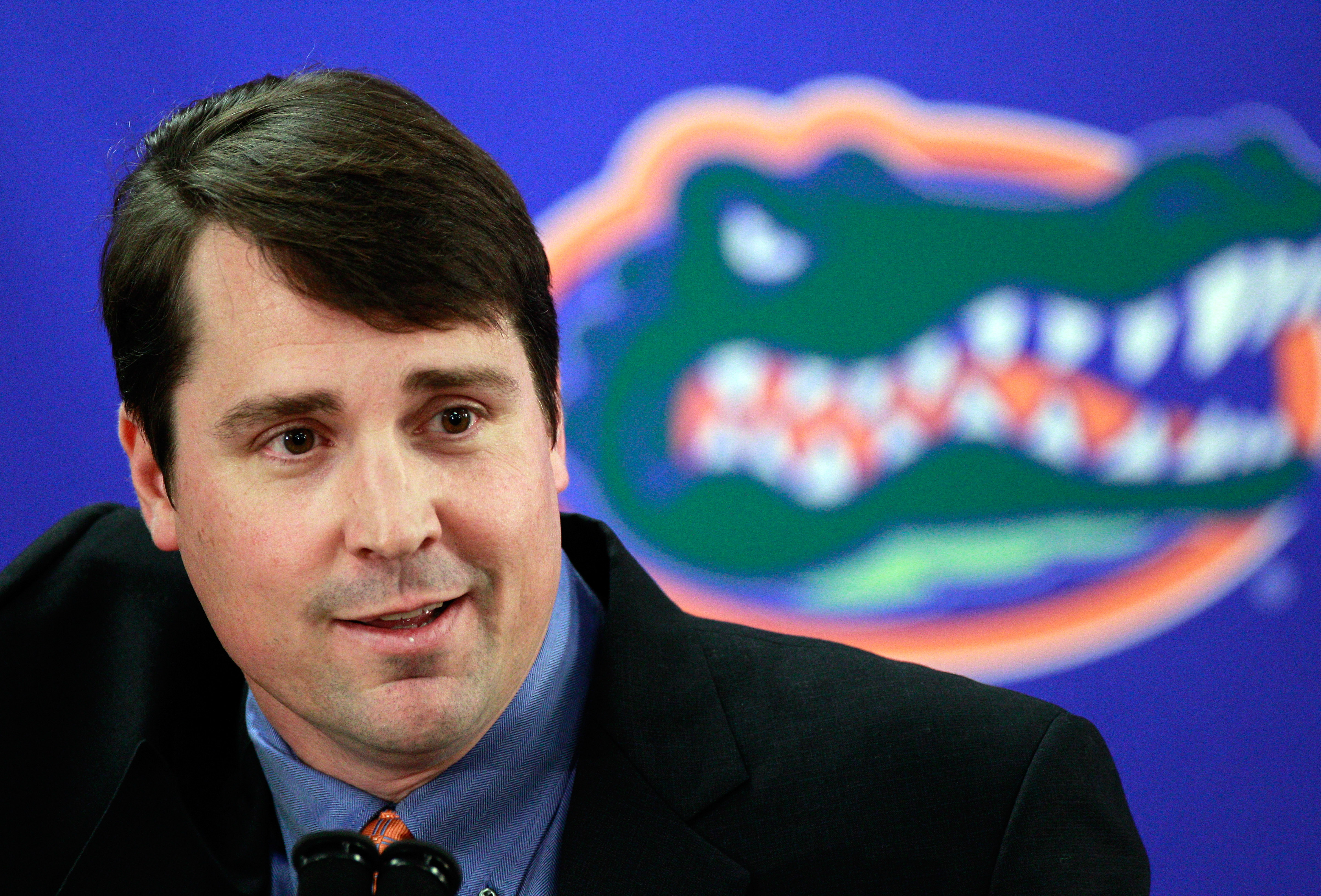 GAINESVILLE, FL - DECEMBER 14:  Former defensive coordinator for the University of Texas, Will Muschamp speaks to the media after being introduced as the head coach of the University of Florida on December 14, 2010 in Gainesville, Florida.  Muschamp is re