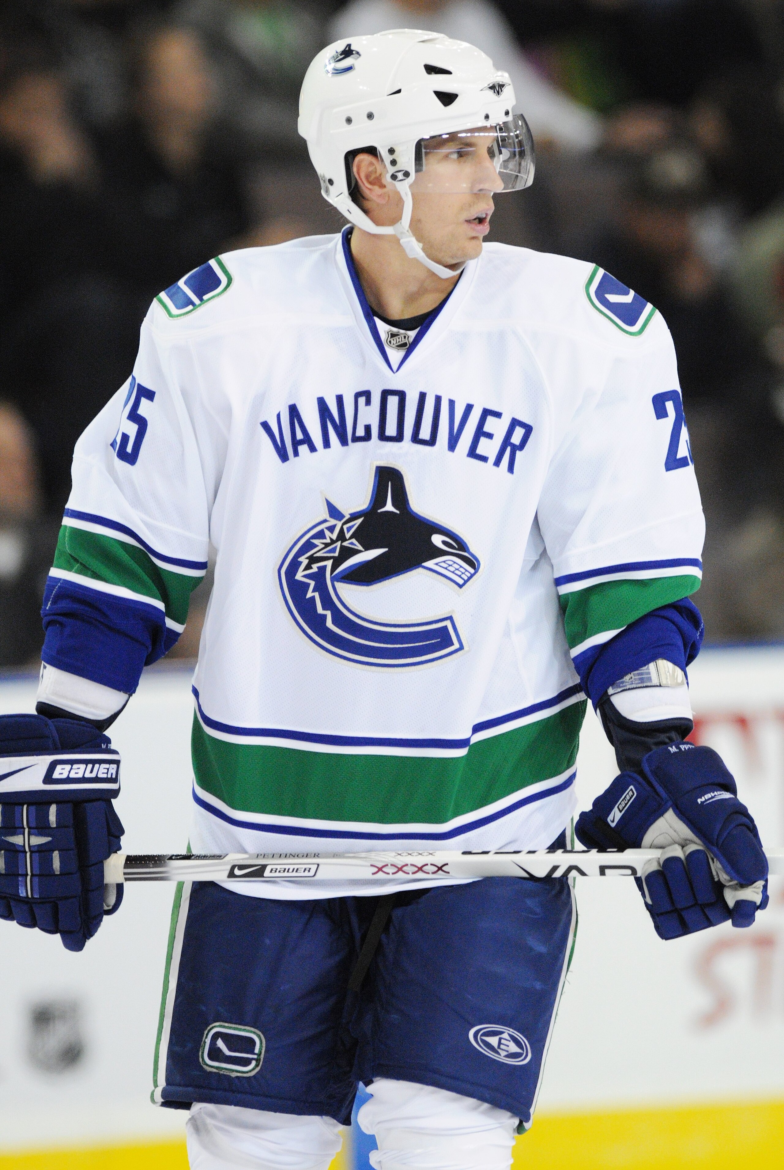 EDMONTON, AB - SEPTEMBER 22:  Matt Pettinger #25 of the Vancouver Canucks looks on against the Edmonton Oilers during an NHL preseason game on September 22, 2008 at Rexall Arena in Edmonton, Canada. The Canucks defeated the Oilers 4-3 in shootout overtime