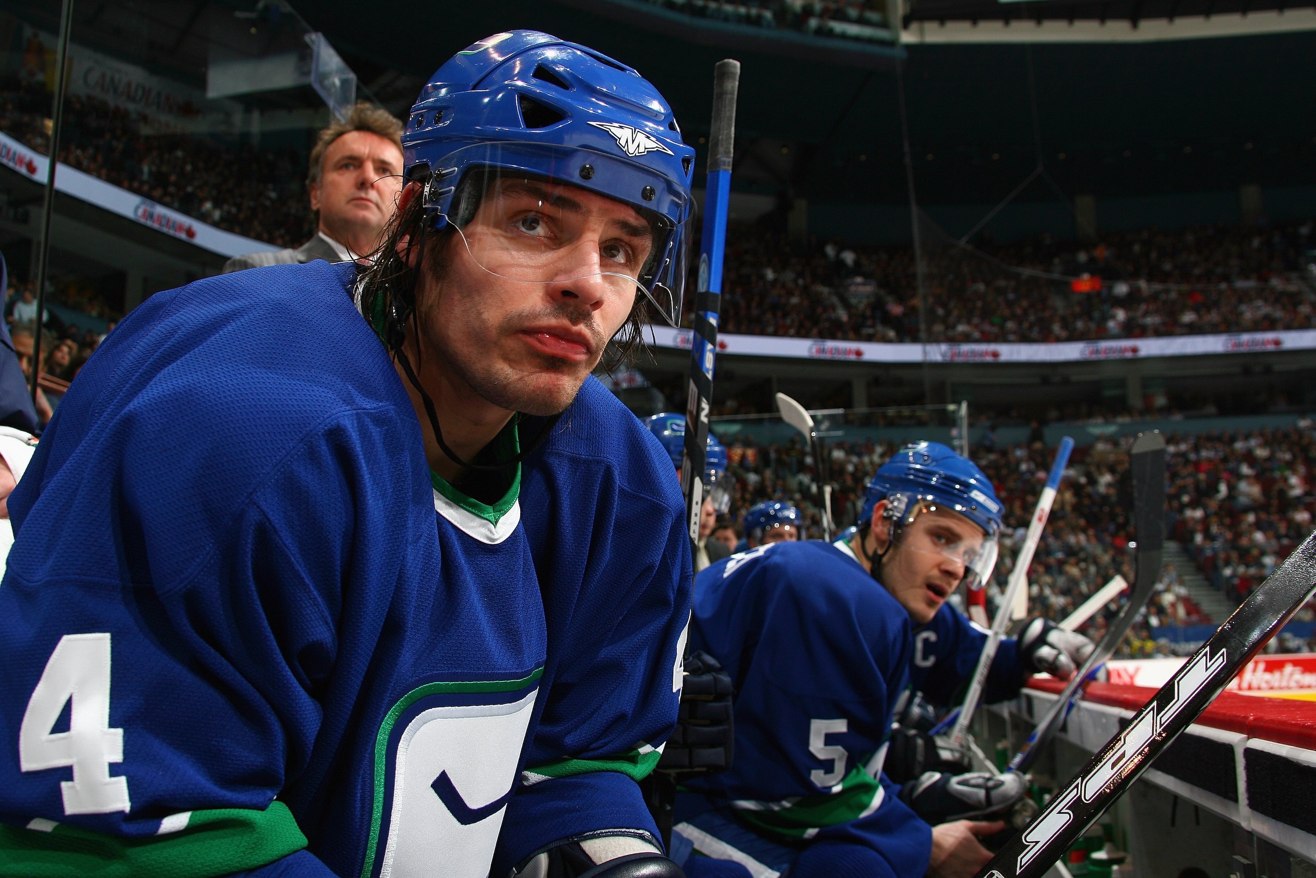 VANCOUVER, BC - APRIL 5:  Brent Sopel #4 of the Vancouver Canucks looks on against the Colorado Avalanche at General Motors Place on April 5, 2007 in Vancouver, British Columbia, Canada. The Avalanche won 3-1. (Photo by Jeff Vinnick/Getty Images)