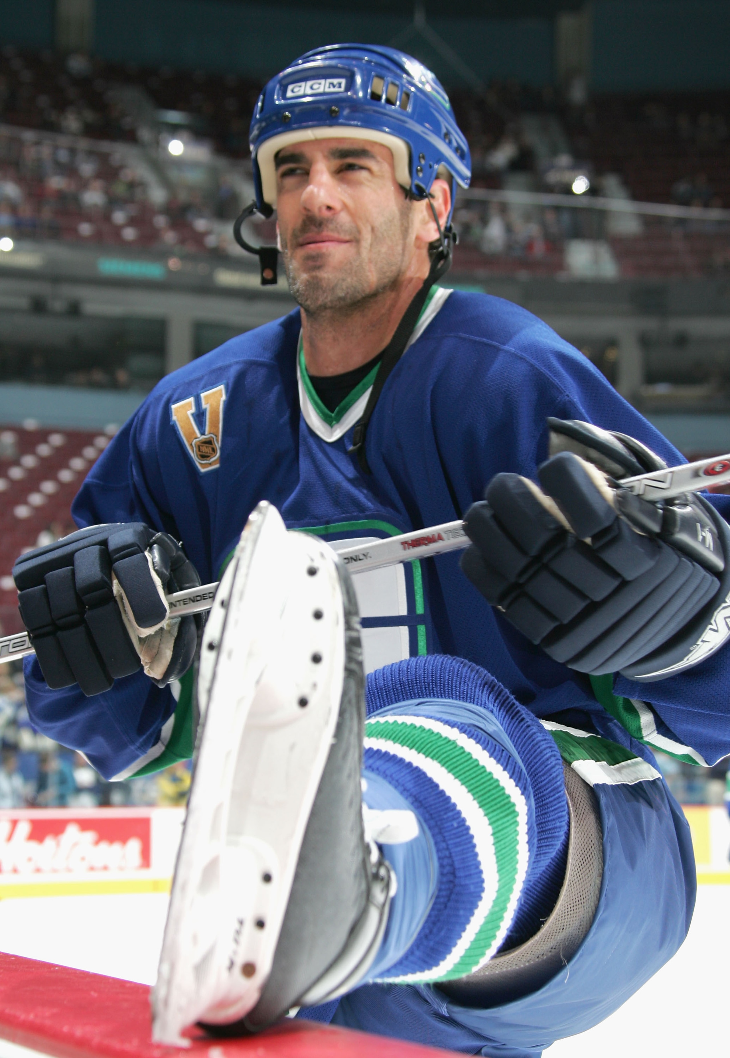VANCOUVER - APRIL 10:  Keith Carney #3 of the Vancouver Canucks warms up against the Anaheim Mighty Ducks during the NHL game at General Motors Place on April 10, 2006 in Vancouver, Canada. Anaheim defeated Vancouver 4-2.  (Photo by Jeff Vinnick/Getty Ima