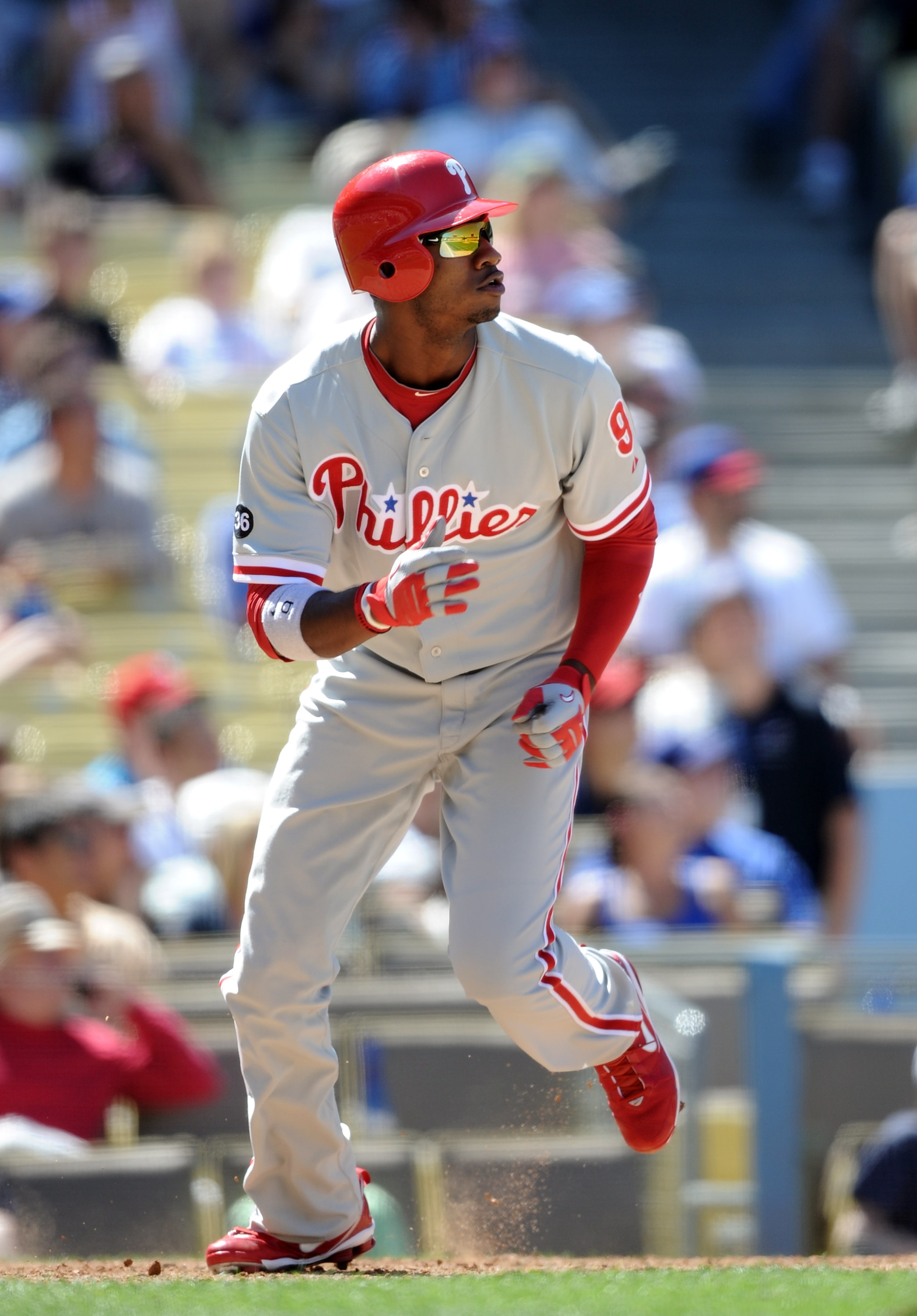 LOS ANGELES, CA - SEPTEMBER 01: Dominic Brown #9 of the Philadelphia Phillies hits a double against the Los Angeles Dodgers at Dodger Stadium on September 1, 2010 in Los Angeles, California. (Photo by Harry How/Getty Images) LOS ANGELES, CA - SEPTEMBER 01: Dominic Brown #9 of the Philadelphia Phillies hits a double against the Los Angeles Dodgers at Dodger Stadium on September 1, 2010 in Los Angeles, California. (Photo by Harry How/Getty Images)