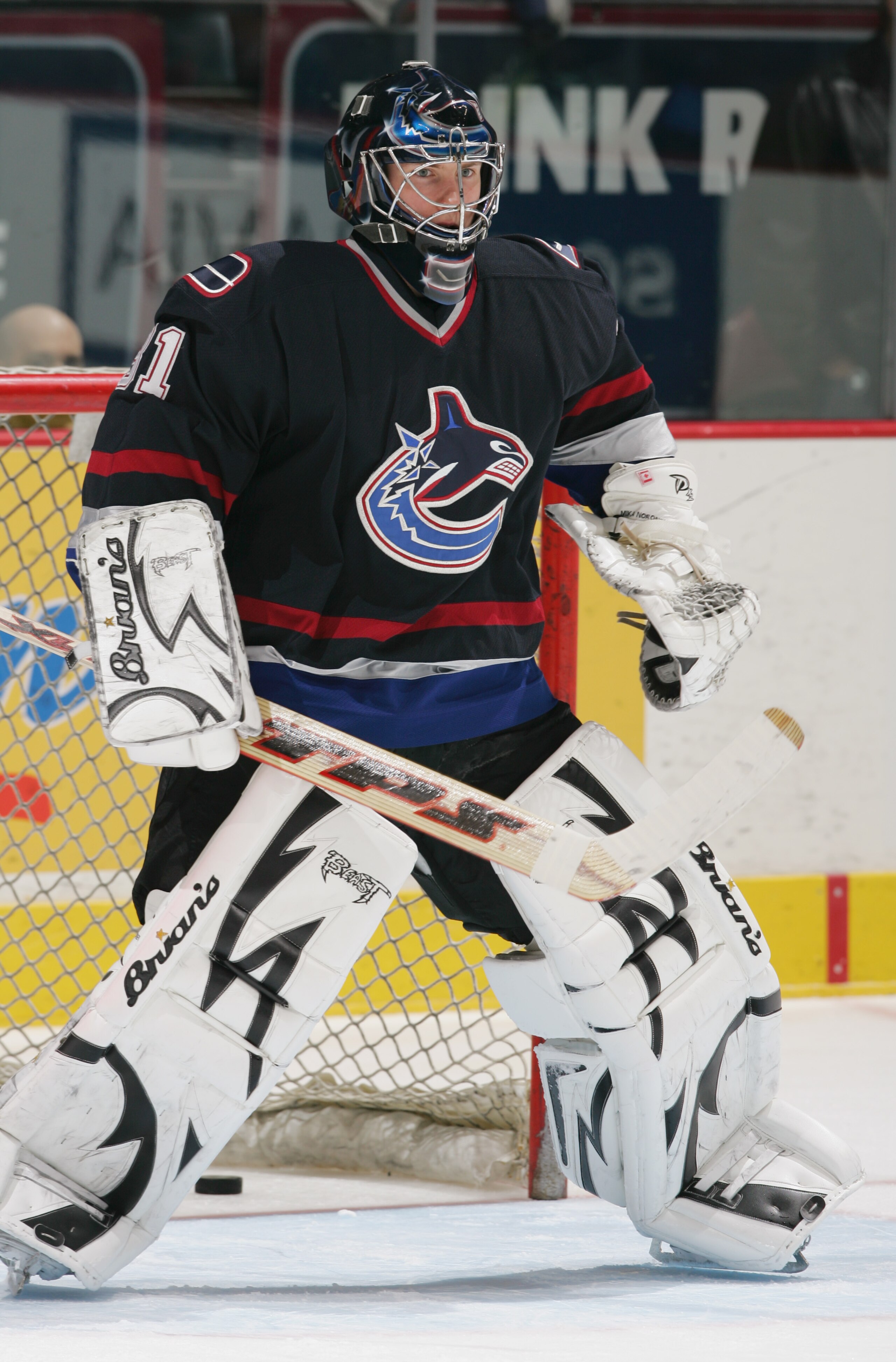 VANCOUVER - MARCH 25:  Goaltender Mika Noronen #31 of the Vancouver Canucks warms-up during the NHL game against the Edmonton Oilers on March 25th, 2006 at General Motors Place in Vancouver, British Columbia, Canada.  The Oilers defeated the Canucks 3-2.