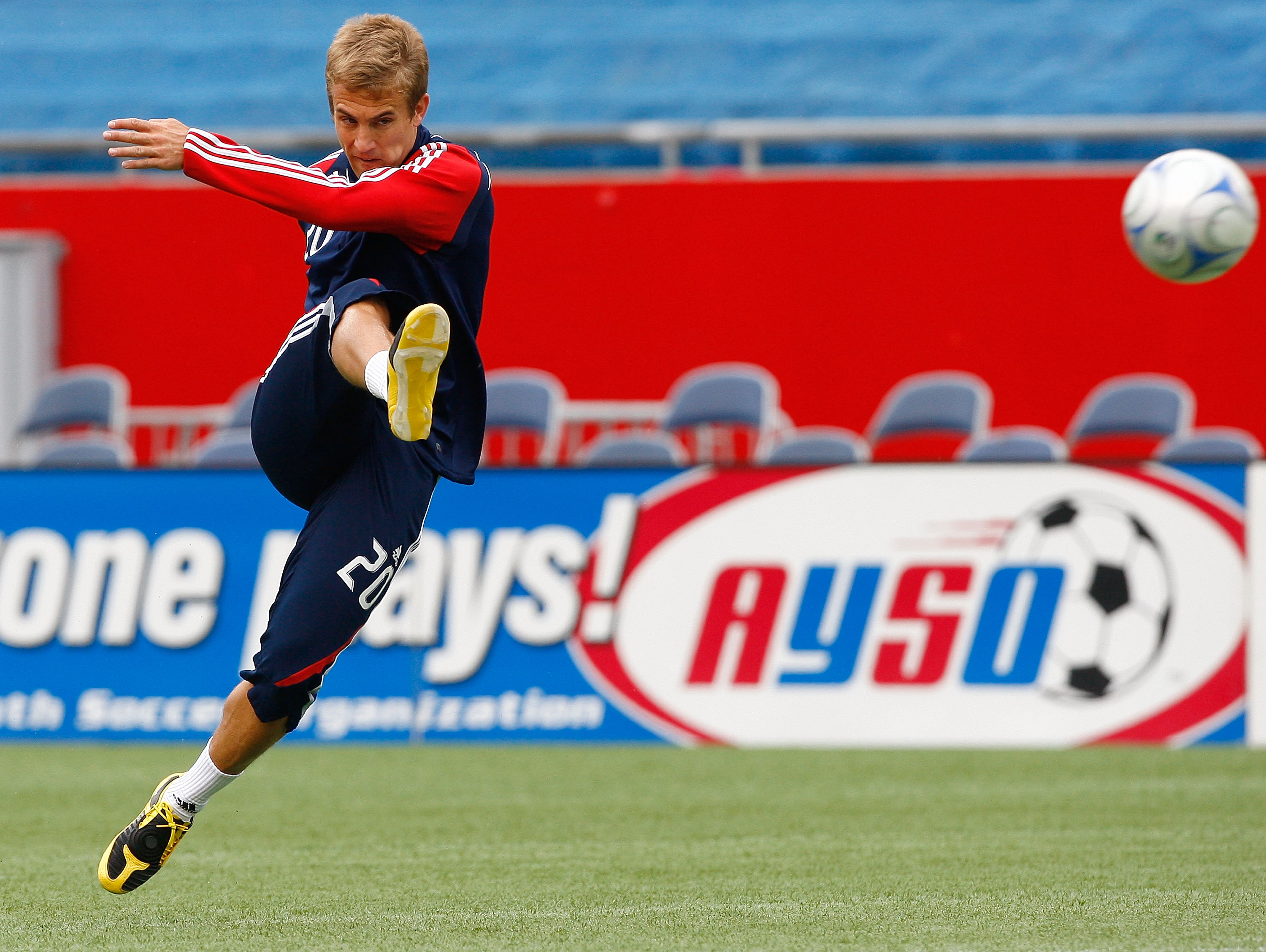 FOXBOROUGH, MA - MAY 3: Taylor Twellman #20 of the New England Revolution practices a shot  before a game against the Houston Dynamo at Gillette Stadium on May 3, 2009 in Foxborough, Massachusetts.  (Photo by Jim Rogash/Getty Images)
