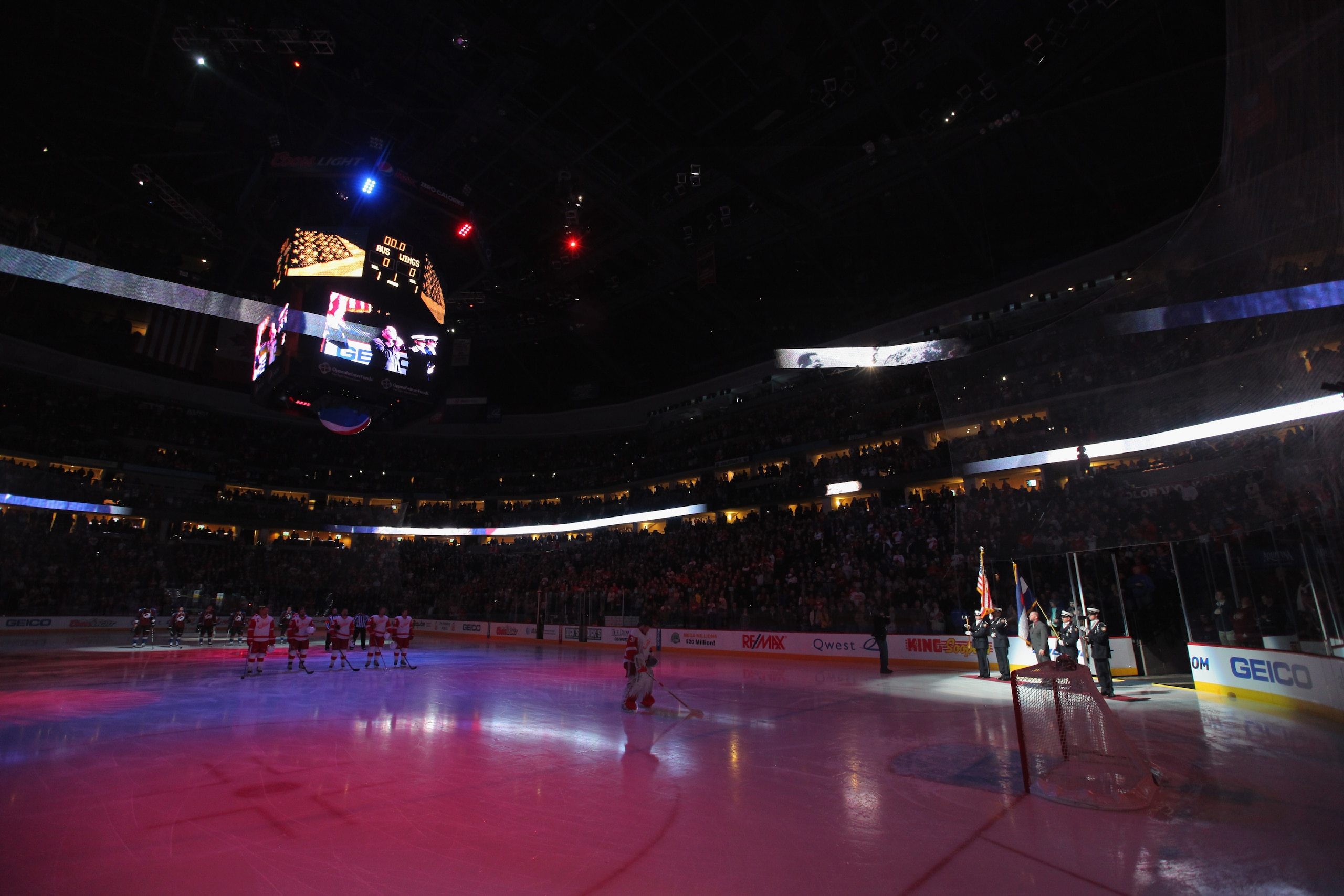 DENVER, CO - JANUARY 10:  The national anthem is performed by Jake Schroeder as the Detroit Red Wings take the ice to face the Colorado Avalanche at the Pepsi Center on January 10, 2011 in Denver, Colorado. The Avalanche defeated the Red Wings 5-4.  (Phot