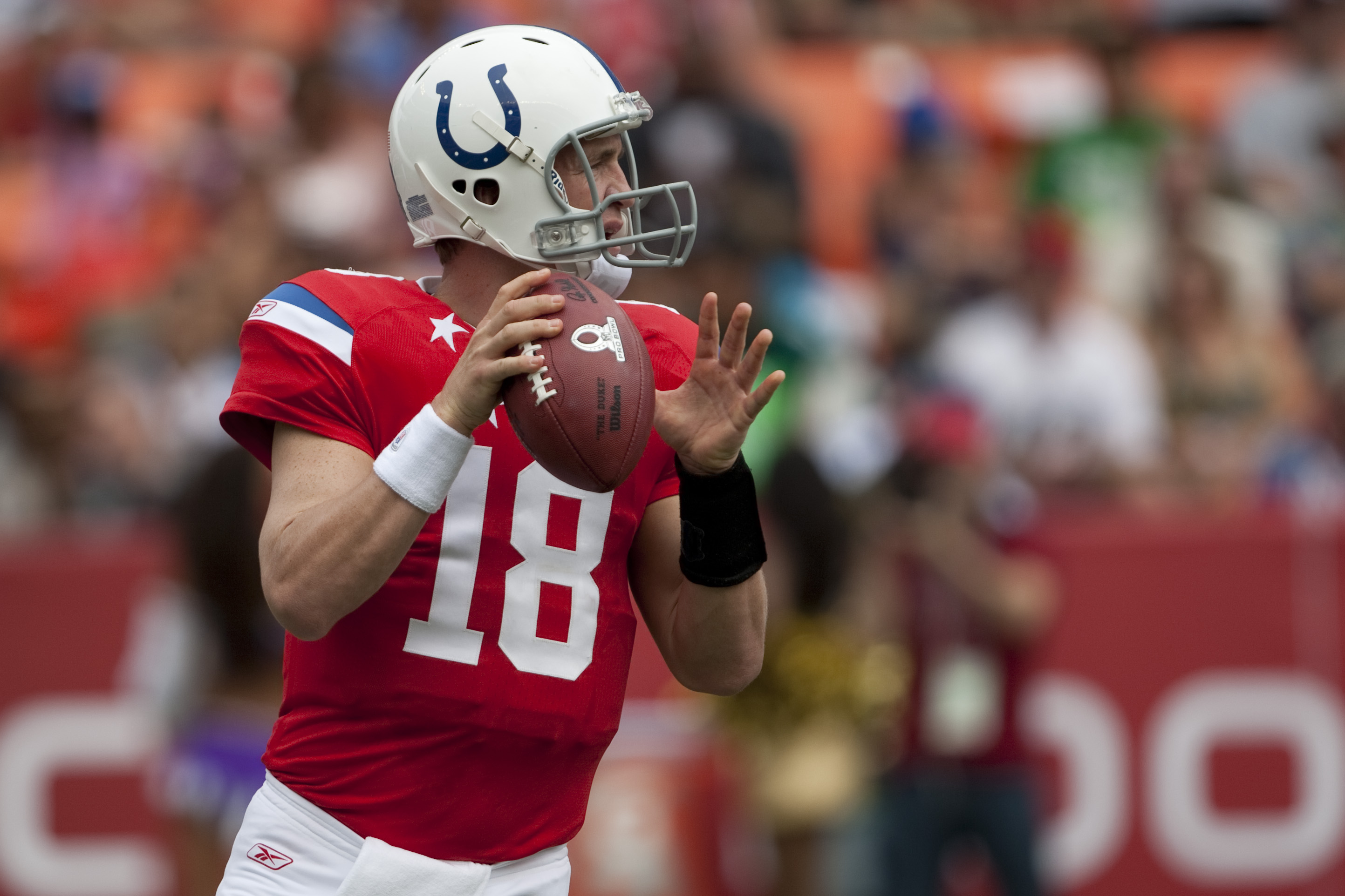 12 September 2010: Indianapolis Colts quarterback Peyton Manning (18)  reacts after having to take a time out to avoid a delay of game penalty in  the third quarter against the Houston Texans.