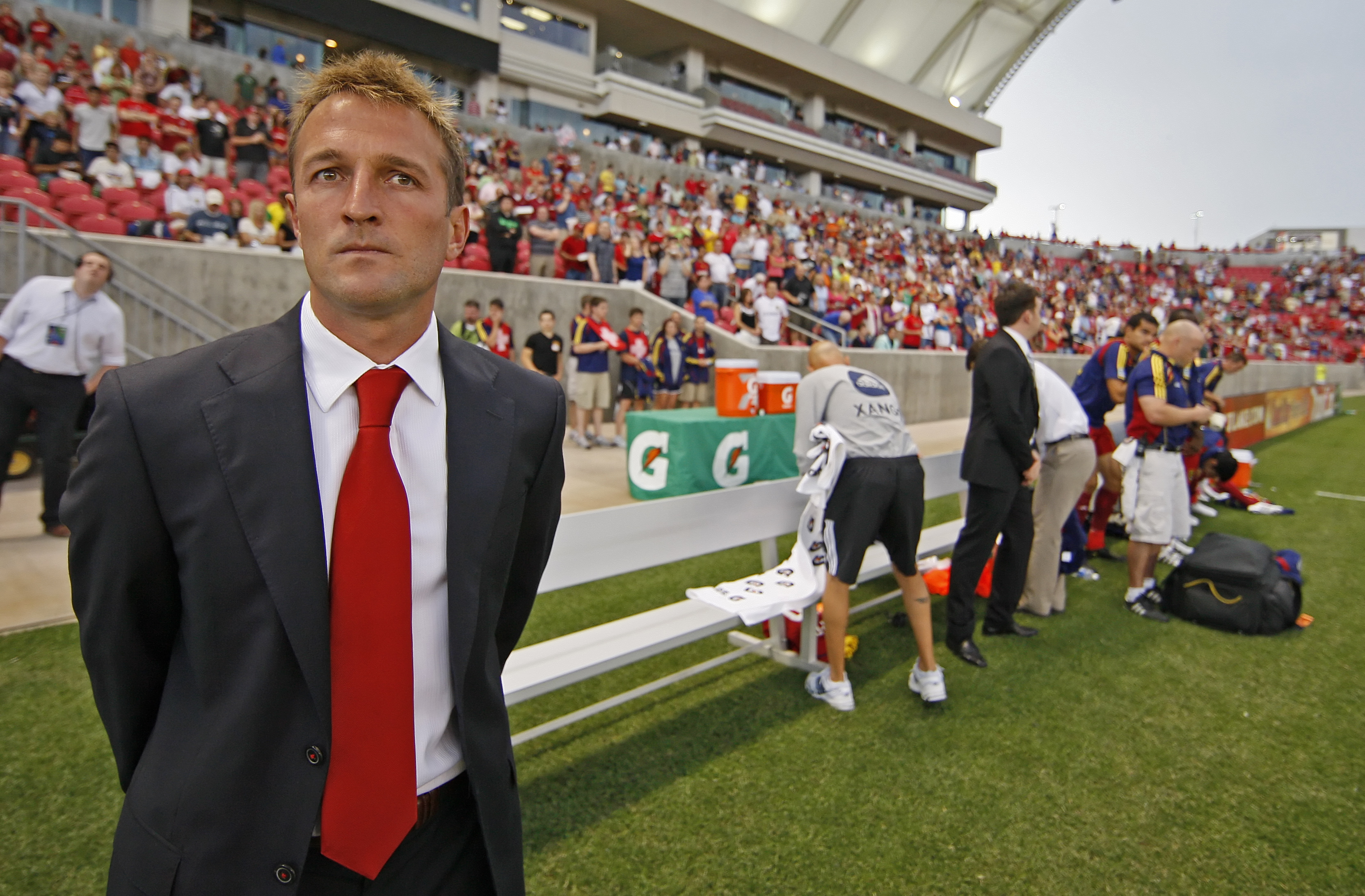 SANDY, UT - JULY 31: Head coach of Real Salt Lake Jason Kreis and players wait for a game against DC United to start at an MLS soccer game against Real Salt Lake July 31, 2010 at Rio Tinto Stadium in Sandy, Utah. (Photo by George Frey/Getty Images)