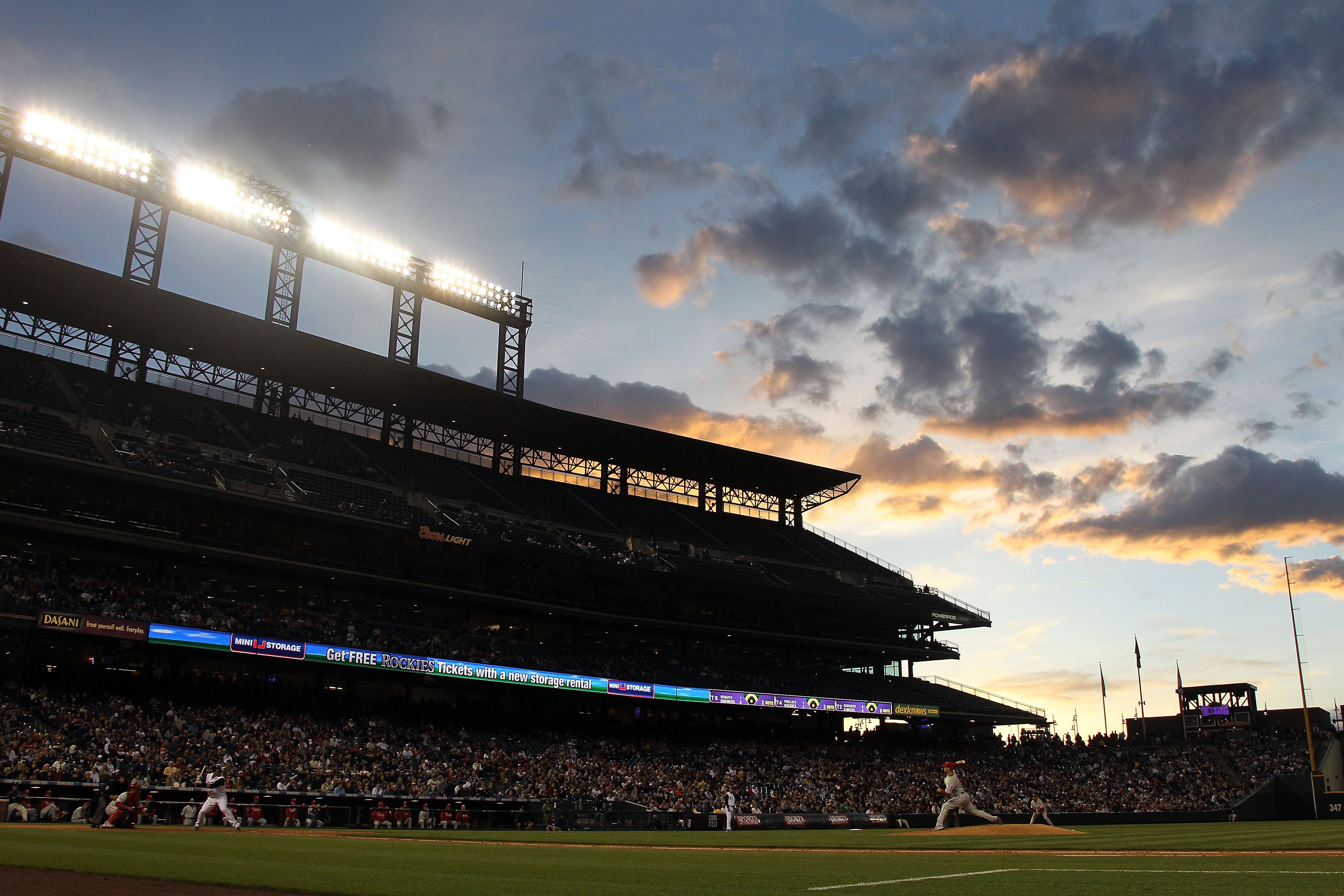 DENVER - MAY 10:  The sunsets over the stadium as the Colorado Rockies face the Philadelphia Phillies at Coors Field on May 10, 2010 in Denver, Colorado. The Phillies defeated the Rockies 9-5.  (Photo by Doug Pensinger/Getty Images)