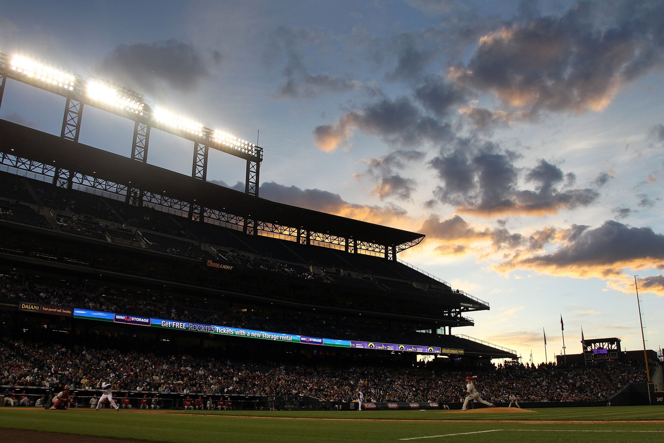 DENVER - MAY 10:  The sunsets over the stadium as the Colorado Rockies face the Philadelphia Phillies at Coors Field on May 10, 2010 in Denver, Colorado. The Phillies defeated the Rockies 9-5.  (Photo by Doug Pensinger/Getty Images)