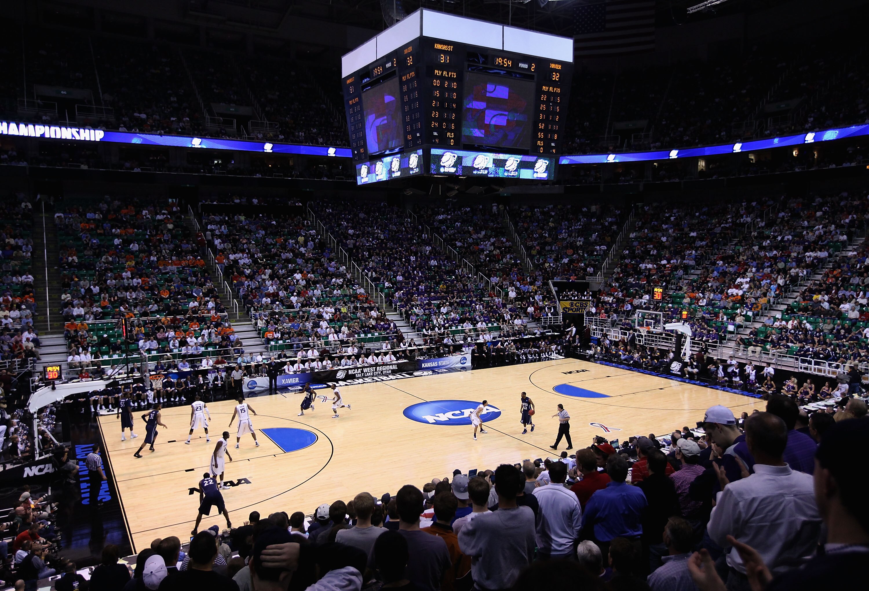 SALT LAKE CITY - MARCH 25:  General view of action between the Xavier Musketeers and the Kansas State Wildcats during the west regional semifinal of the 2010 NCAA men's basketball tournament at the Energy Solutions Arena on March 25, 2010 in Salt Lake Cit