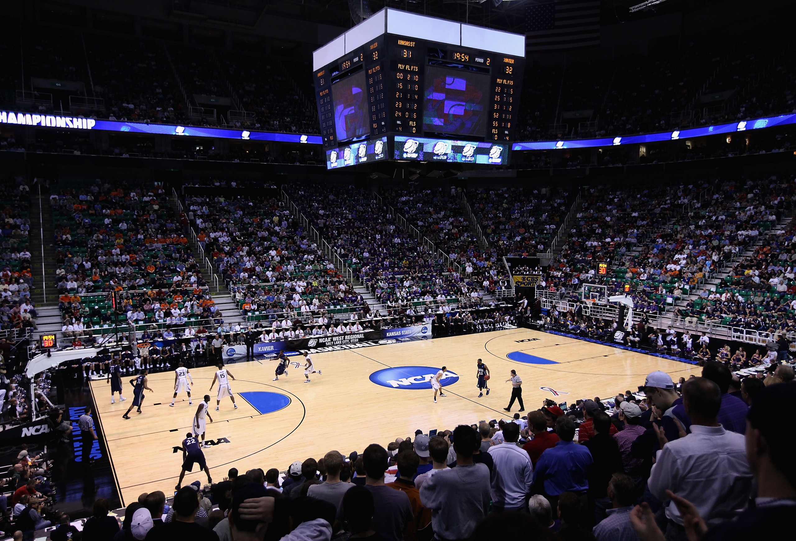 SALT LAKE CITY - MARCH 25:  General view of action between the Xavier Musketeers and the Kansas State Wildcats during the west regional semifinal of the 2010 NCAA men's basketball tournament at the Energy Solutions Arena on March 25, 2010 in Salt Lake Cit