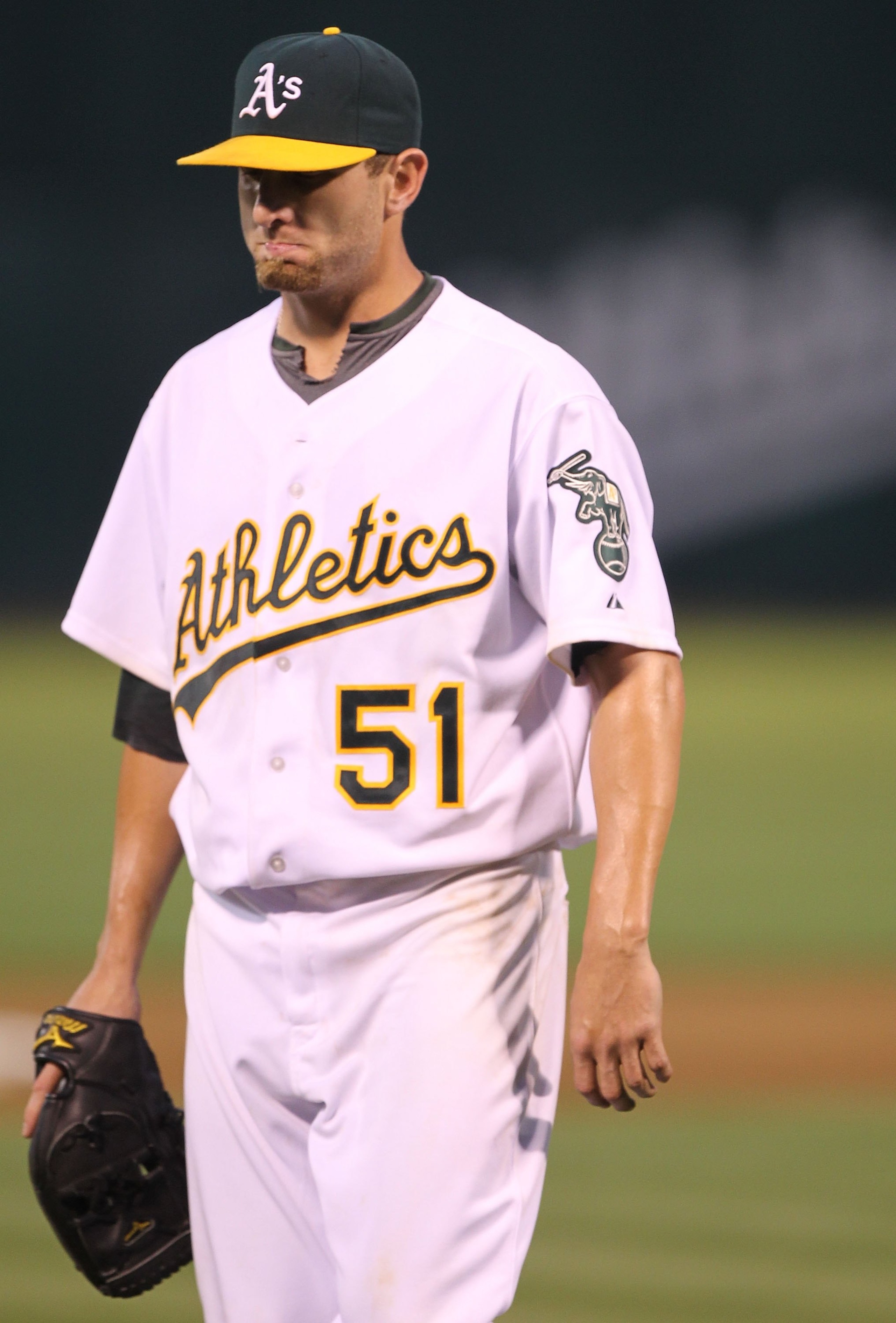 OAKLAND, CA - JUNE 09:  Dallas Braden #51 of the Oakland Athletics is taken out of the game against the Los Angeles Angels of Anaheim in the sixth inning during an MLB game at the Oakland-Alameda County Coliseum on June 9, 2010 in Oakland, California.  (P