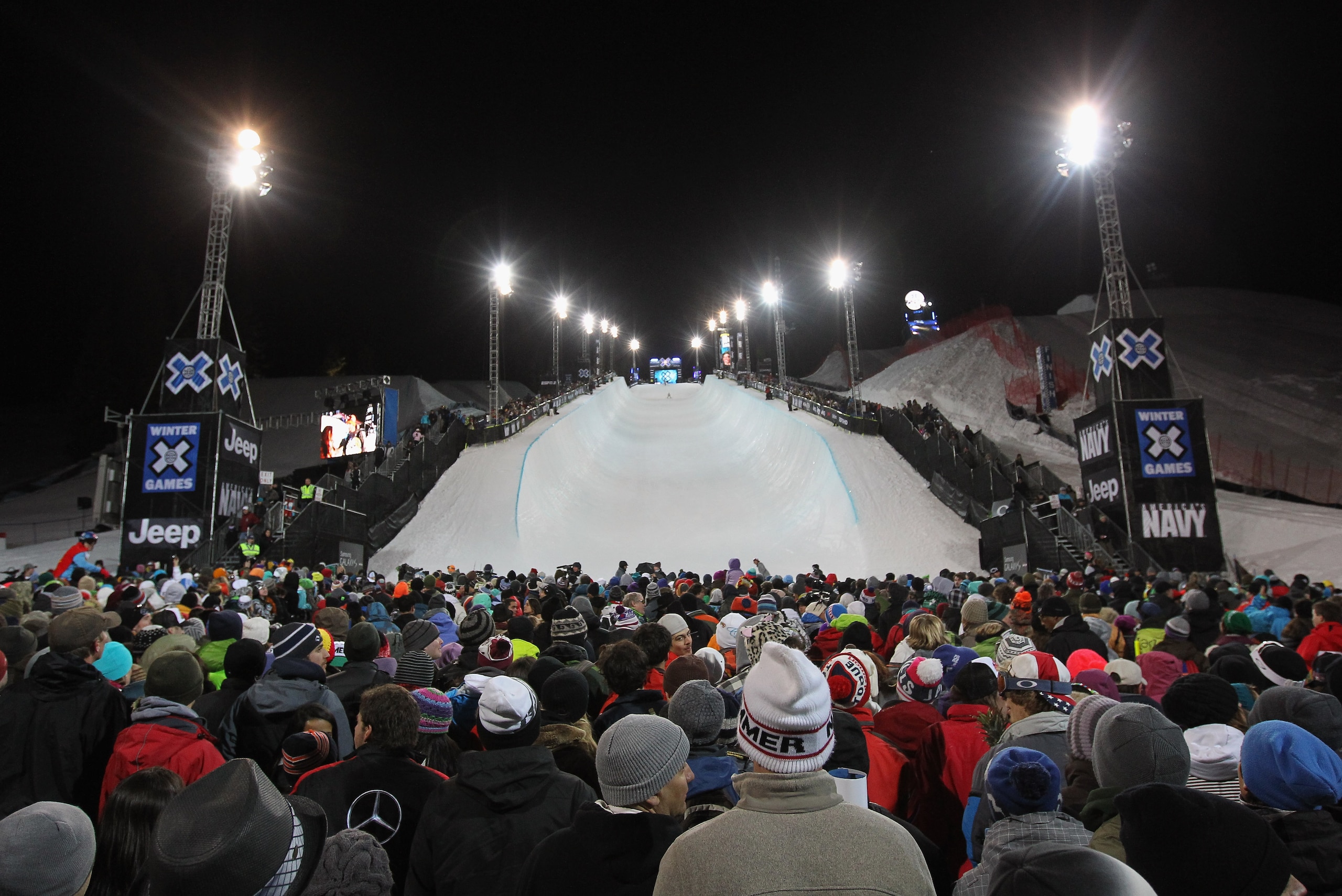 ASPEN, CO - JANUARY 30:  Fans fill the venue as Shaun White of Carlsbad, California made history with his four-peat gold medal in the Men's Snowboard Superpipe at Winter X Games 15 at Buttermilk Mountain on January 30, 2011 in Aspen, Colorado. Fans also s
