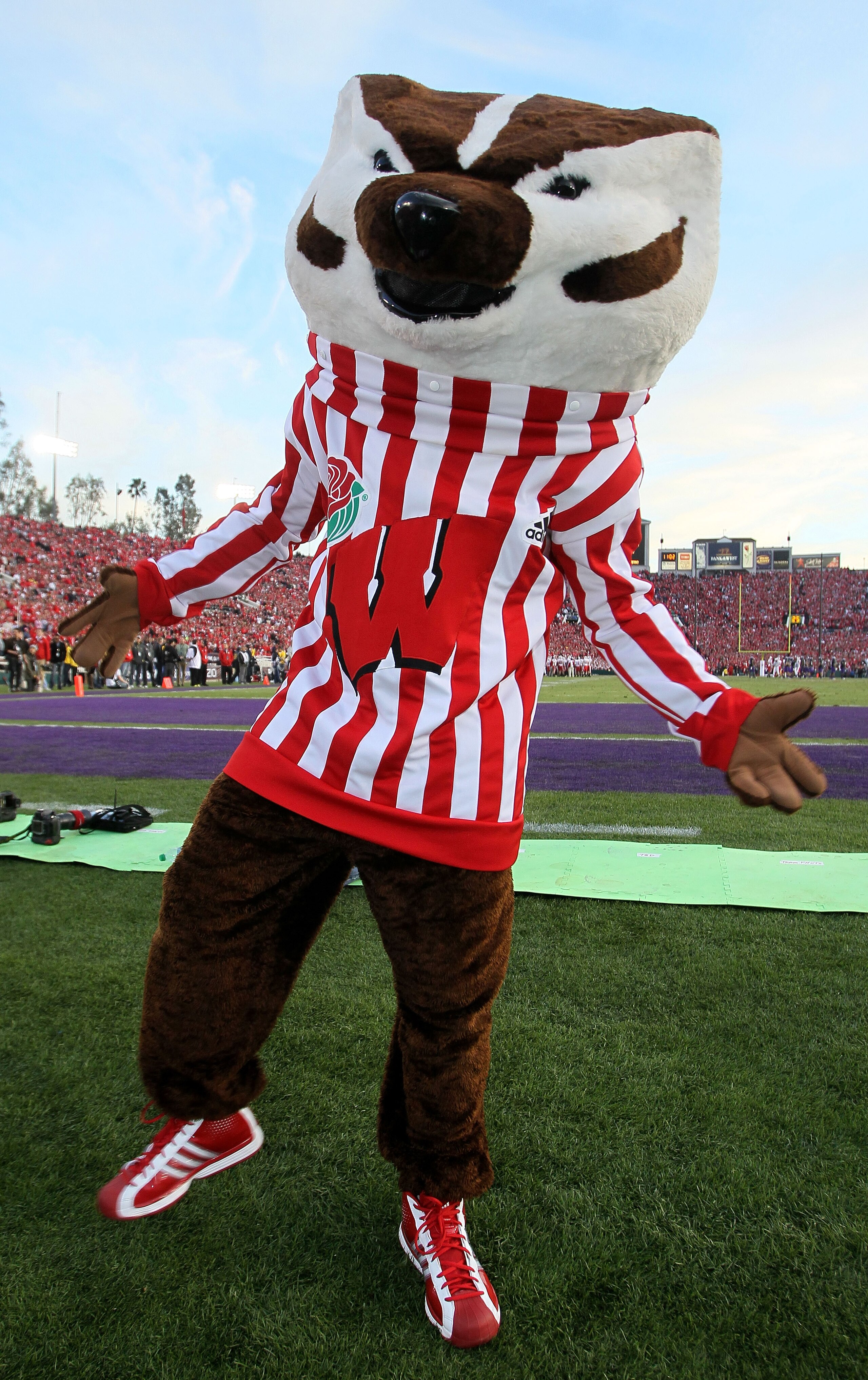 PASADENA, CA - JANUARY 01:  Bucky Badger of the Wisconsin Badgers looks on during the game against the TCU Horned Frogs in the 97th Rose Bowl game on January 1, 2011 in Pasadena, California.  (Photo by Stephen Dunn/Getty Images)