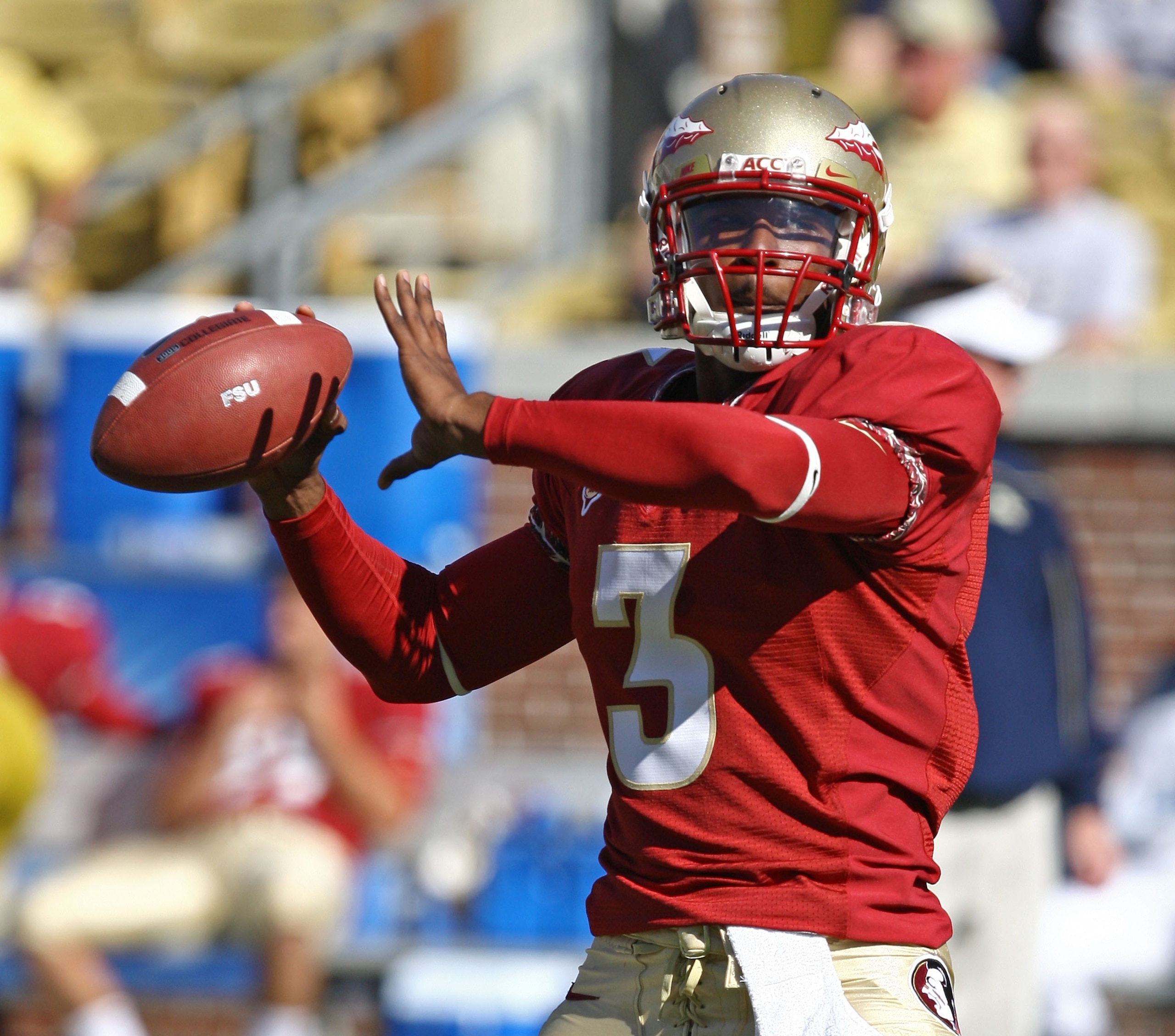 ATLANTA - NOVEMBER 1:  Quarterback E.J. Manuel #3 of the Florida State Seminoles throws a practice pass before the game against the Georgia Tech Yellow Jackets at Bobby Dodd Stadium at Historic Grant Field on November 1, 2008 in Atlanta, Georgia.  Georgia
