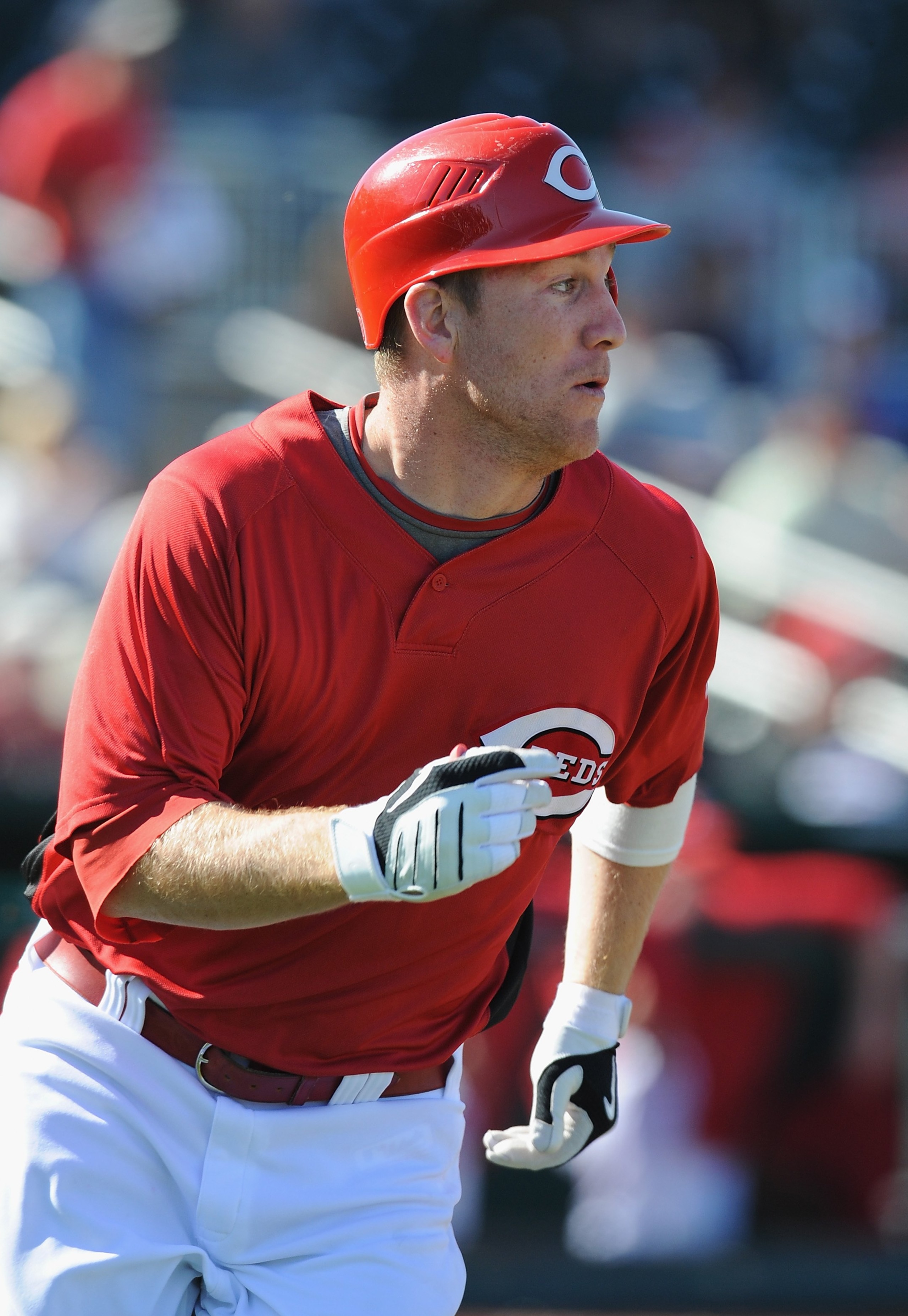 GOODYEAR, AZ - MARCH 11:  Todd Frazier #70 of the Cincinnati Reds runs to first base during a Spring Training game against the Milwaukee Brewers on March 11, 2010 at Goodyear Ballpark in Goodyear, Arizona.  (Photo by Lisa Blumenfeld/Getty Images)