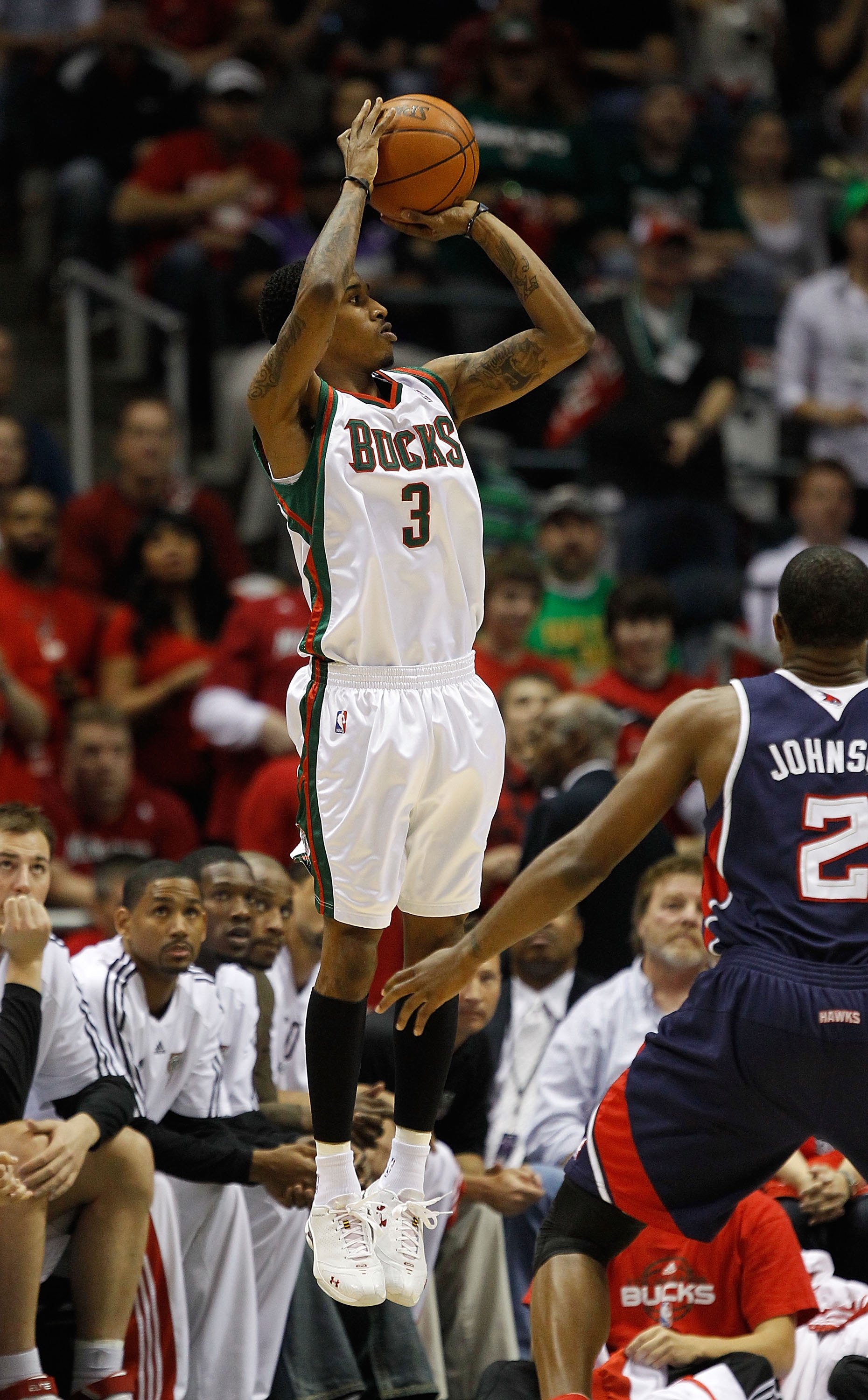 MILWAUKEE - APRIL 30: Brandon Jennings #3 of the Milwaukee Bucks puts up a shot against the Atlanta Hawks in Game Six of the Eastern Conference Quarterfinals during the 2010 NBA Playoffs at the Bradley Center on April 30, 2010 in Milwaukee, Wisconsin. The
