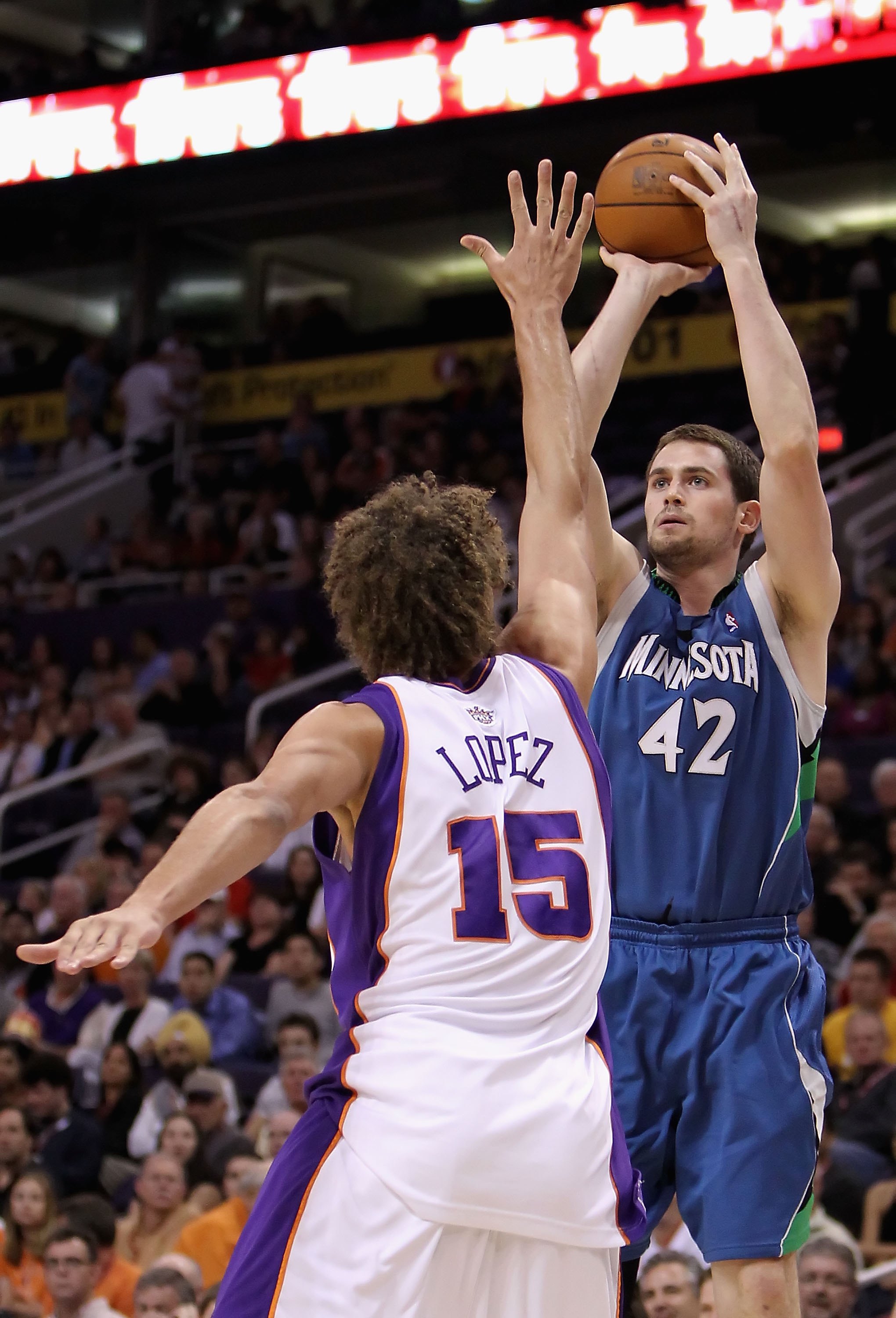 PHOENIX - MARCH 16:  Kevin Love #42 of the Minnesota Timberwolves puts up a shot during the NBA game against the Phoenix Suns at US Airways Center on March 16, 2010 in Phoenix, Arizona. The Suns defeated the Timberwolves 152-114.  NOTE TO USER: User expre