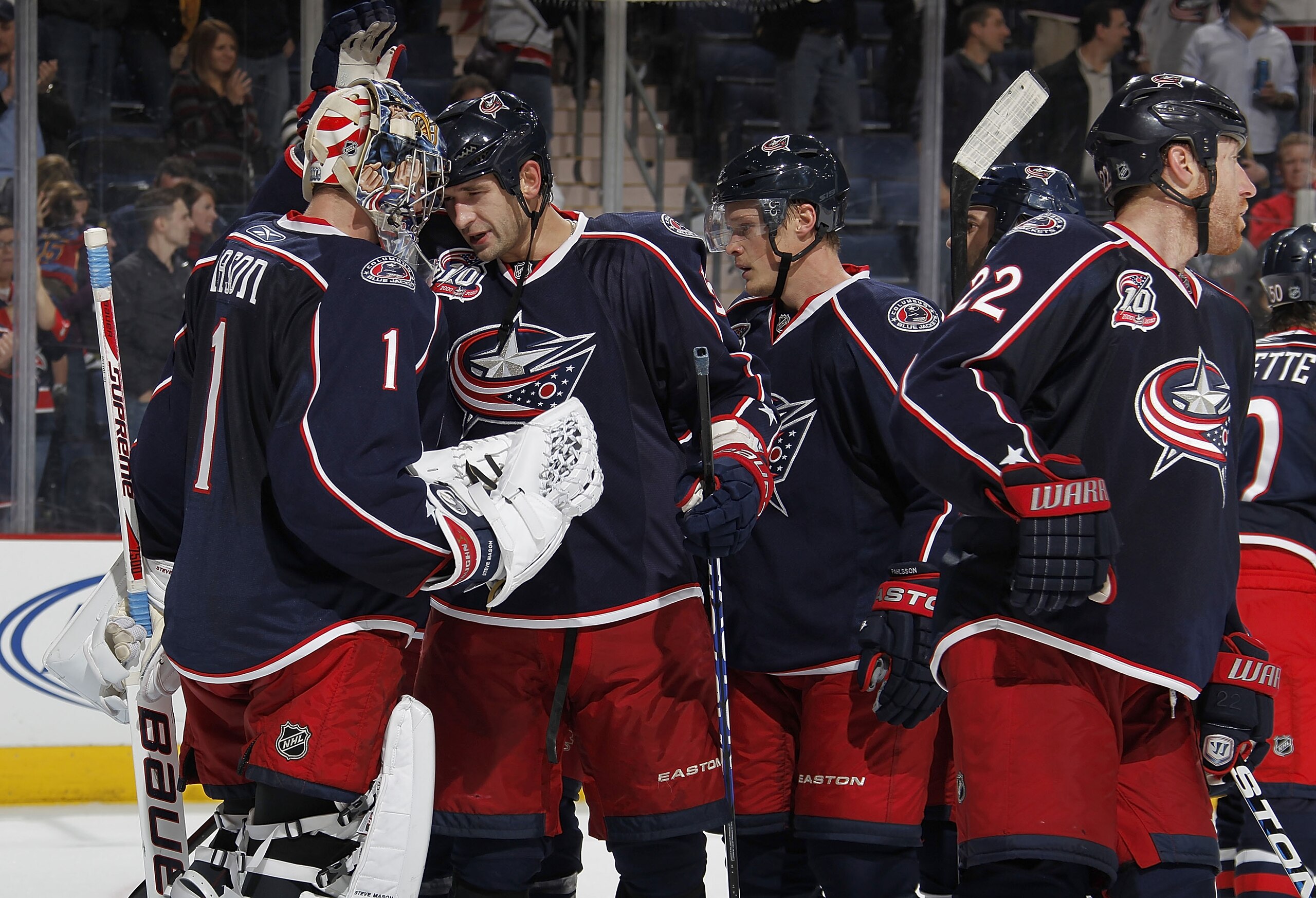 COLUMBUS, OH - NOVEMBER 22:  Steve Mason #1 of the Columbus Blue Jackets celebrates a 2-0 victory over the Nashville Predators on November 22, 2010 in Columbus, Ohio.  (Photo by Gregory Shamus/Getty Images)