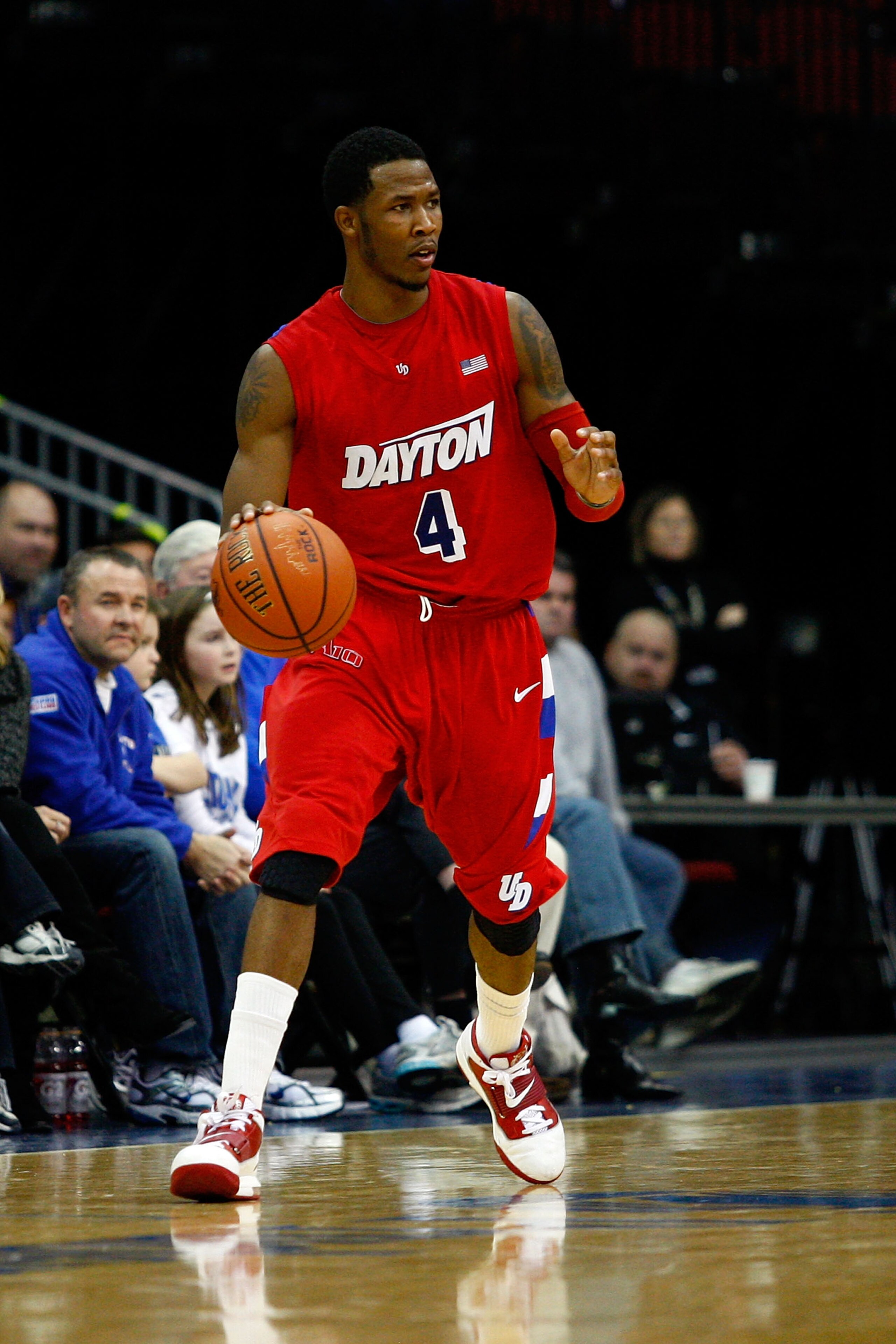 NEWARK, NJ - DECEMBER 22:  Chris Johnson #4 of the Dayton Flyers moves the ball against the Seton Hall Pirates at Prudential Center on December 22, 2010 in Newark, New Jersey. Dayton won 69-65. (Photo by Chris Chambers/Getty Images)