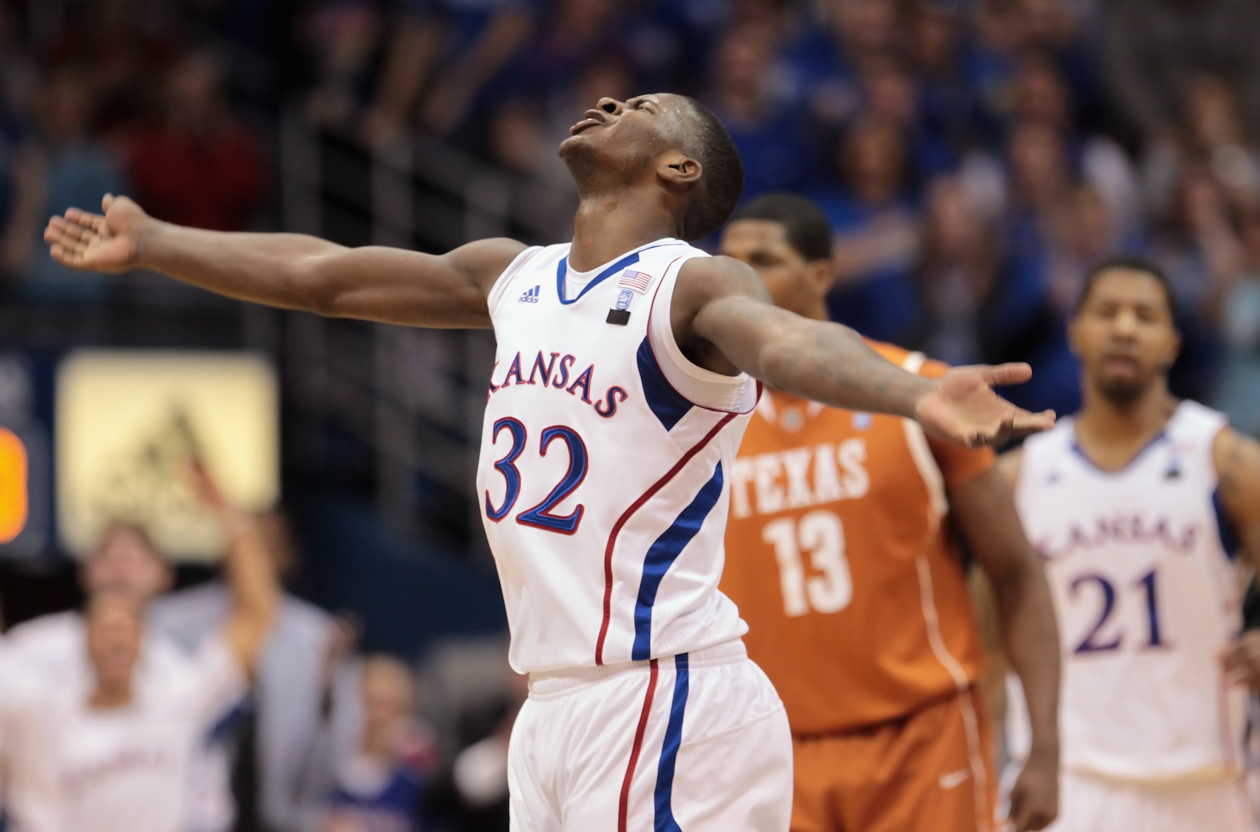 LAWRENCE, KS - JANUARY 22: Josh Selby #32 of the Kansas Jayhawks reacts after scoring during the game against the Texas Longhorns on January 22, 2011 at Allen Fieldhouse in Lawrence, Kansas. (Photo by Jamie Squire/Getty Images) LAWRENCE, KS - JANUARY 22: Josh Selby #32 of the Kansas Jayhawks reacts after scoring during the game against the Texas Longhorns on January 22, 2011 at Allen Fieldhouse in Lawrence, Kansas. (Photo by Jamie Squire/Getty Images)