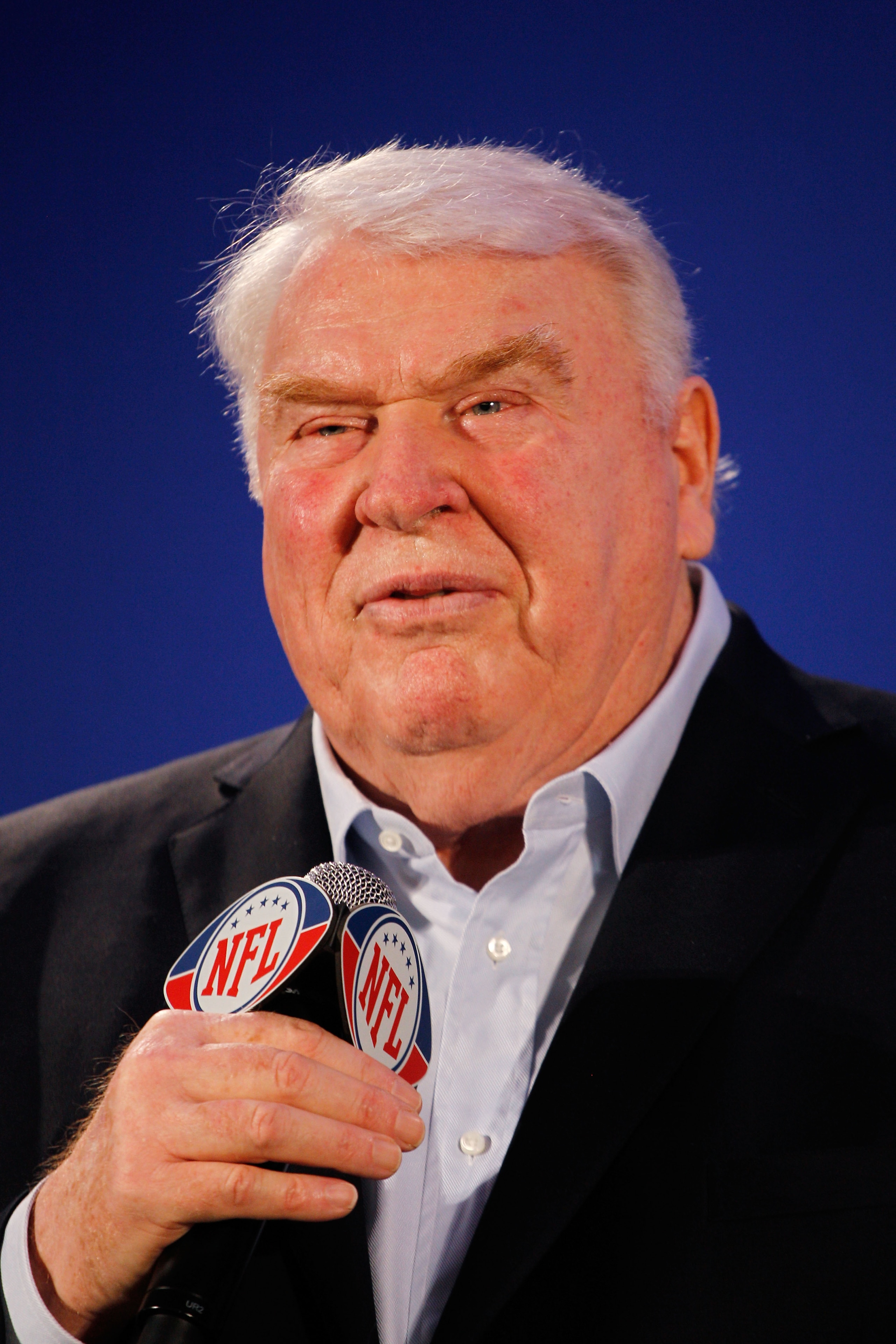 DALLAS, TX - FEBRUARY 03:  John Madden speaks during a press conference where he awarded the New England Patriots offensive linemen with the Madden Most Valuable Protectors Award for being this year's best offensive line, as determined by John Madden and