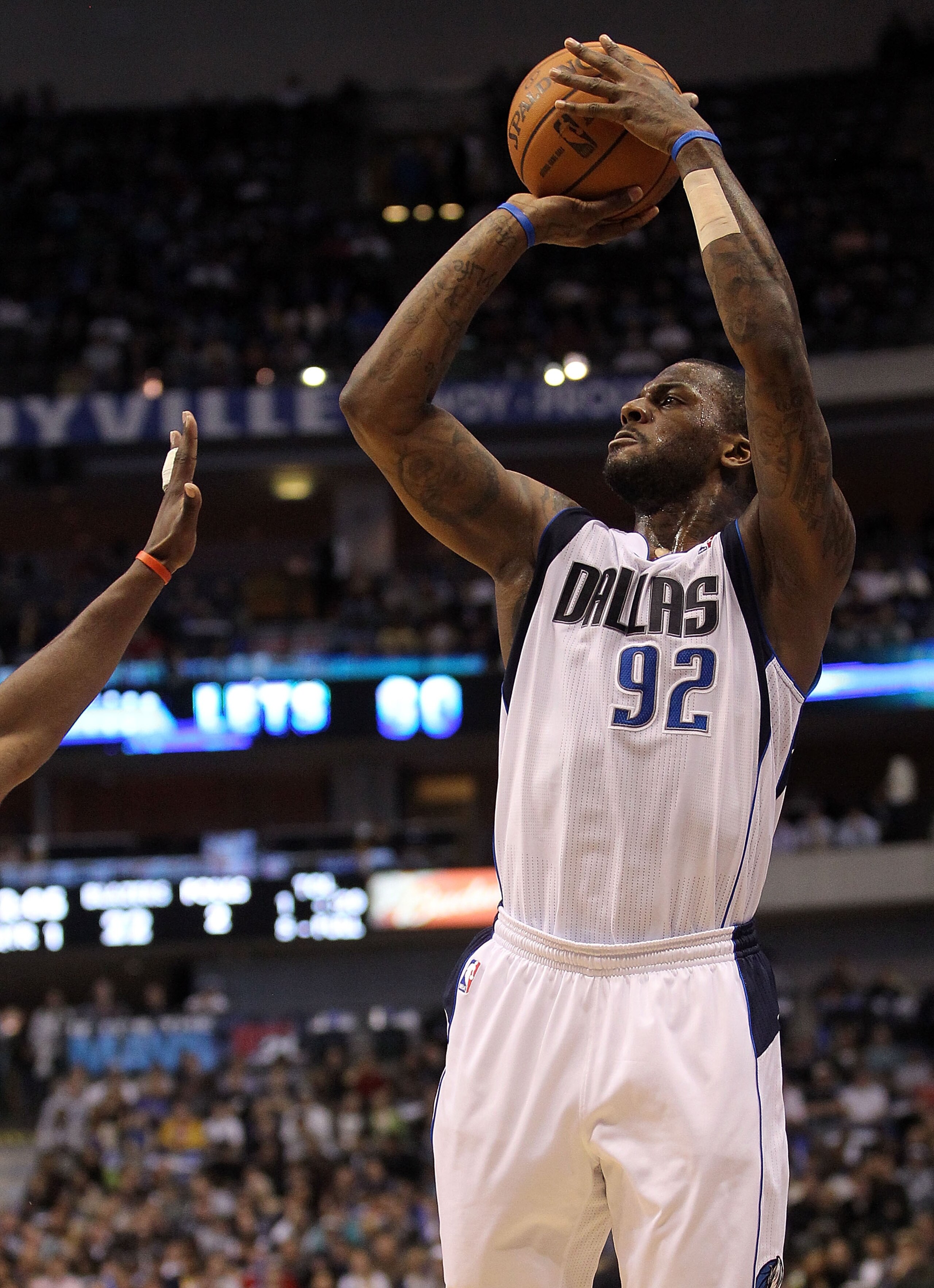 DALLAS, TX - JANUARY 04:  Guard DeShawn Stevenson #92 of the Dallas Mavericks takes a shot against the Portland Trail Blazers at American Airlines Center on January 4, 2011 in Dallas, Texas.  NOTE TO USER: User expressly acknowledges and agrees that, by d