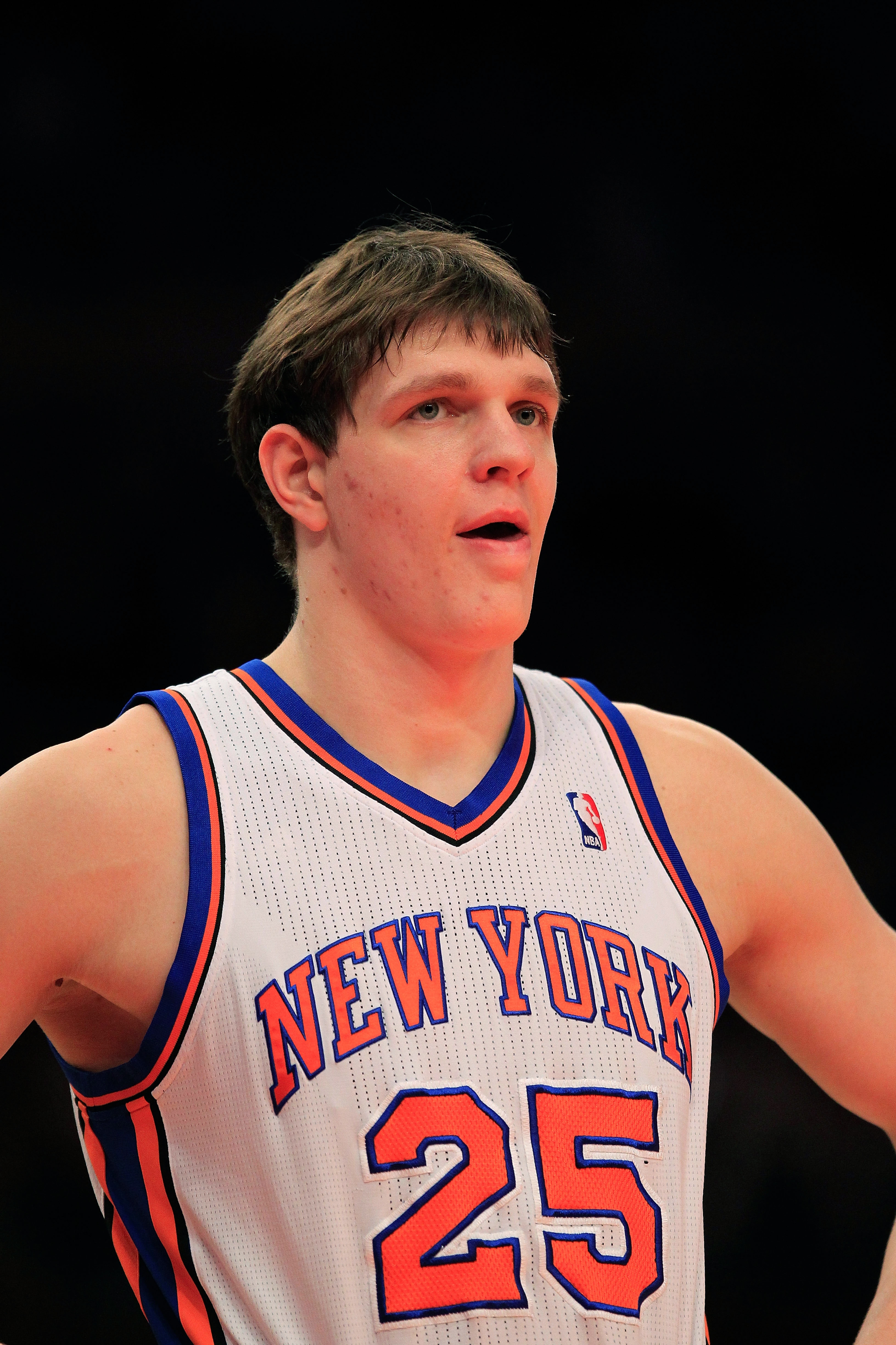 NEW YORK, NY - FEBRUARY 06: Timofey Mozgov #25 of the New York Knicks looks on against the Philadelphia 76ers at Madison Square Garden on February 6, 2011 in New York City. NOTE TO USER: User expressly acknowledges and agrees that, by downloading and/or u